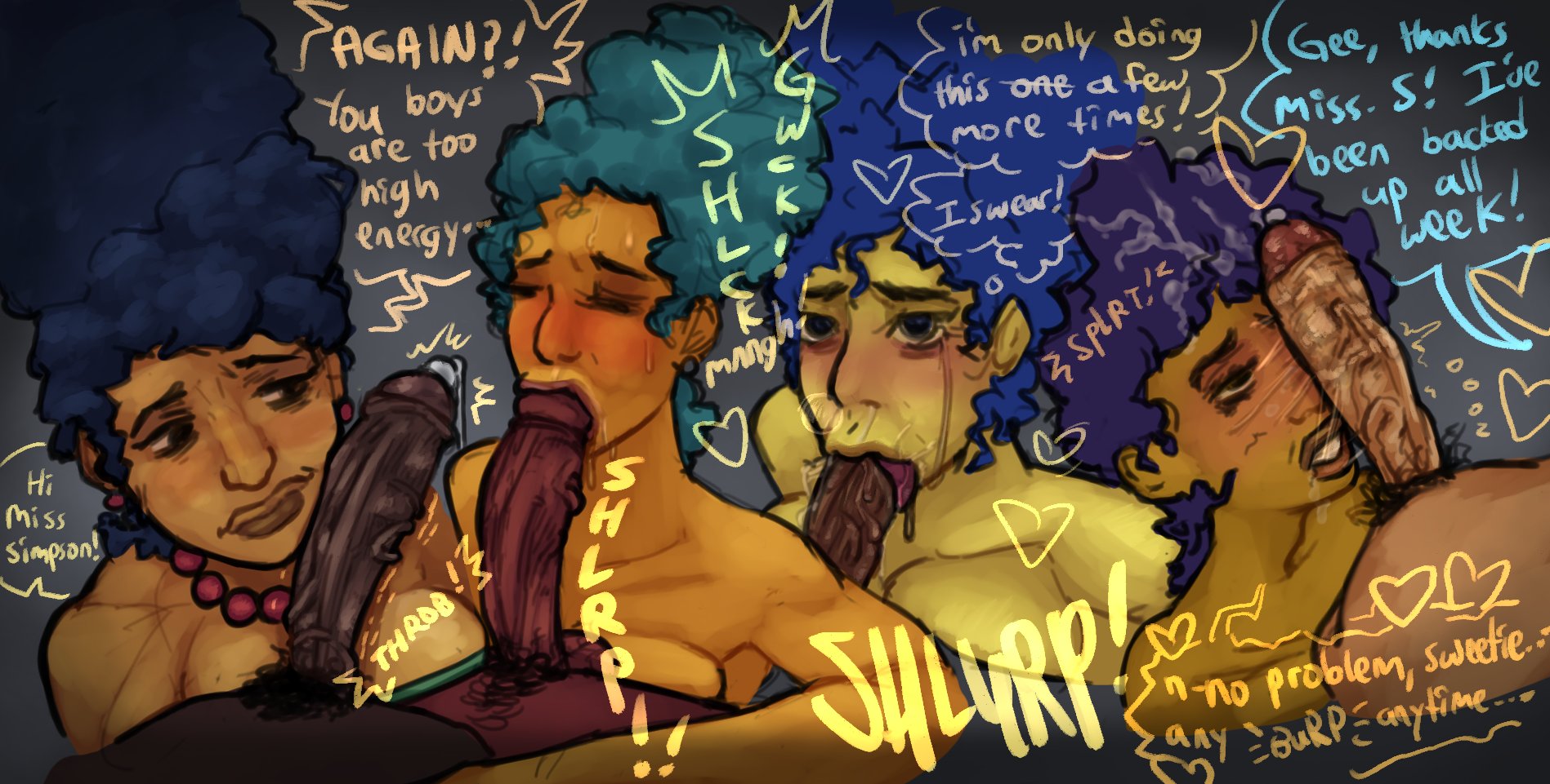 1girls, blowjob, blue hair, blue hair female, cock, dark-skinned male, dick, english text, fellatio, genitals, marge simpson, md34, milf, mother, no bra, penis, text, the simpsons, yellow body, yellow skin, yellow skinned female, yellow-skinned female
