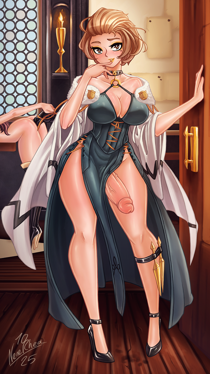 bare_legs beauty_mark big_ass big_balls big_breasts big_penis dildo dorothea_arnault female fire_emblem fire_emblem:_three_houses futanari high_heels knife lipstick makeup manuela_casagranda mole nenerhea orange_lipstick partially_clothed penis uncensored