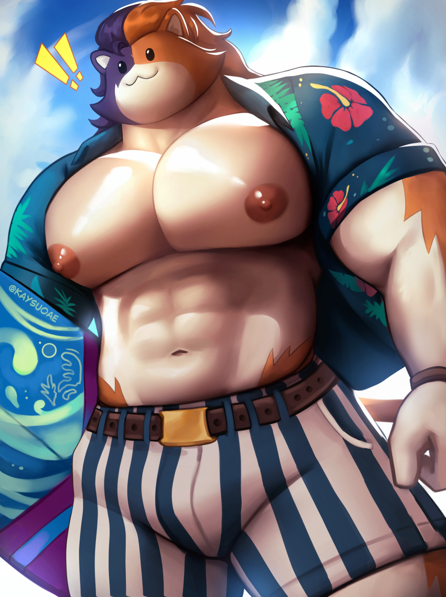 :3, 1boy, 2026, abs, anthro, areola, barazoku, belt, big muscles, big pecs, black body, black ears, black eyes, black fur, black hair, bottomwear, bracelet, brown body, brown ears, brown fur, brown hair, brown tail, bulge, clothed, clothed anthro, clothed male, clothing, cloud, detailed, domestic cat, epic games, exclamation point, felid, feline, felis, flaccid, fortnite, fur, glistening, glistening areola, glistening body, glistening eyes, glistening fur, glistening nipples, glistening pecs, hair, happy, hi res, holding object, holding surfboard, jewelry, kaysuo, long hair, long tail, looking away, male, male only, mammal, meowscles, multicolored body, multicolored ears, multicolored fur, multicolored hair, muscles, muscular, muscular anthro, muscular male, navel, nipples, noseless, outside, pecs, portrait, purradise meowscles, shadow, shirt, shorts, sky, smile, solo, surfboard, tail, tan body, tan fur, toony, topwear, white inner ear