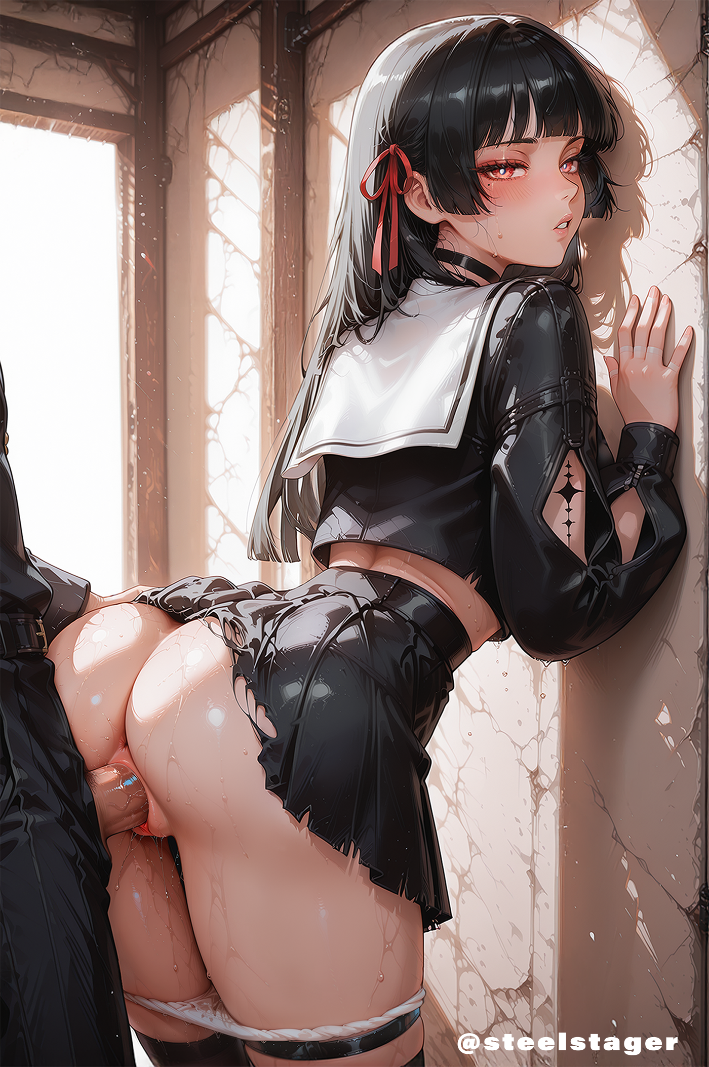ai assisted, ai generated, black hair, chisa (wuthering waves), cum in pussy, doggy style, outside, panties, penetration, photoshop (medium), pussy juice, pussy penetration, red eyes, saliva, school uniform, sex, socks, standing, steelstager, sweat, sweatdrop, vaginal penetration, wuthering waves