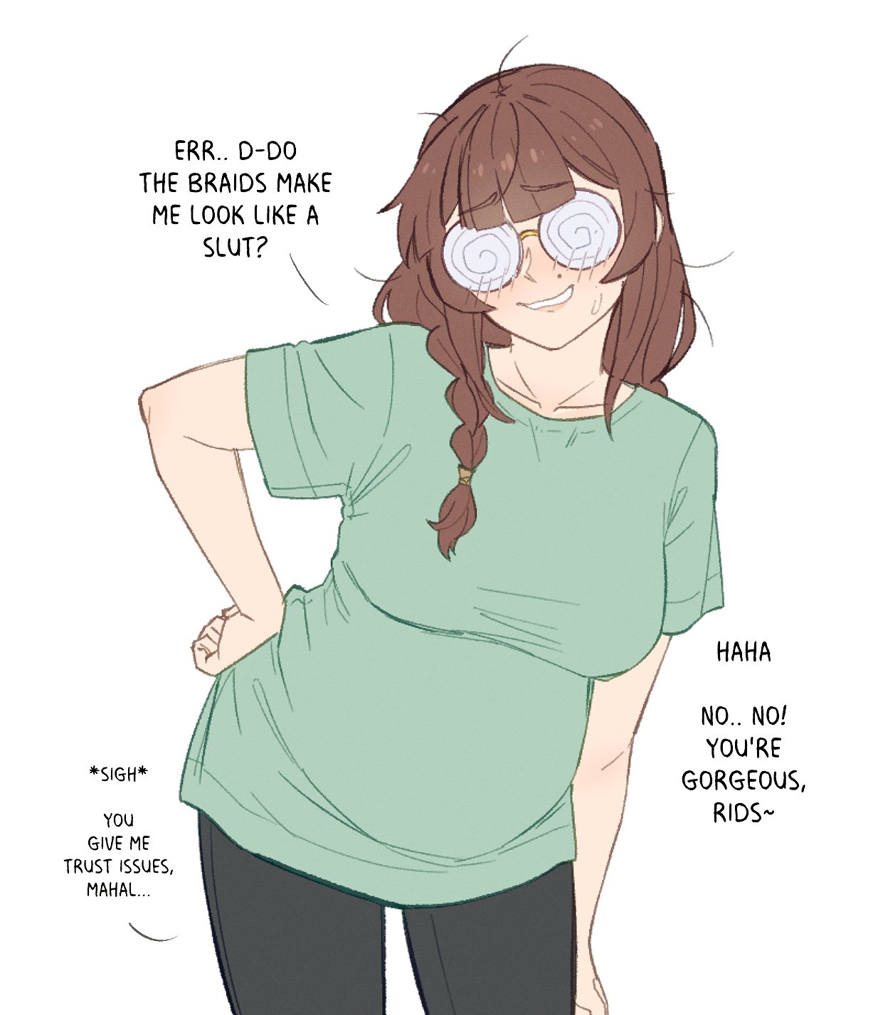 1girls, belly, big breasts, brown hair, clothing, female, glasses, lewdismug, long hair, loose clothes, maternity clothes, mole under eye, original, original character, pregnant, pregnant female, realda (vibrantrida), shirt, smile, spiral glasses, vibrantrida