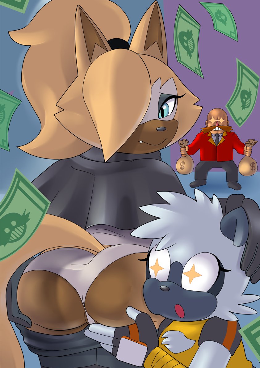 1boy, 2girls, aerth, anthro, anthro on anthro, ass, assisted presentation, bag, bald, bald male, big ass, big butt, black jacket, black pants, blue eyes, brown fur, butt, canid, canine, clothing, dr. eggman, eggman, eggman logo, eyelashes, facial hair, female, female/female, furry, furry female, hand on ass, holding bag, human, lemur, long hair, looking at ass, looking at viewer, male, mammal, mature, mature female, mature male, money, open mouth, panties, pants, pants down, primate, red shirt, sega, shirt, smiling, sonic (series), sonic the hedgehog (series), sparkling eyes, tail, tangle the lemur, whisper the wolf, white panties, wolf, yuri