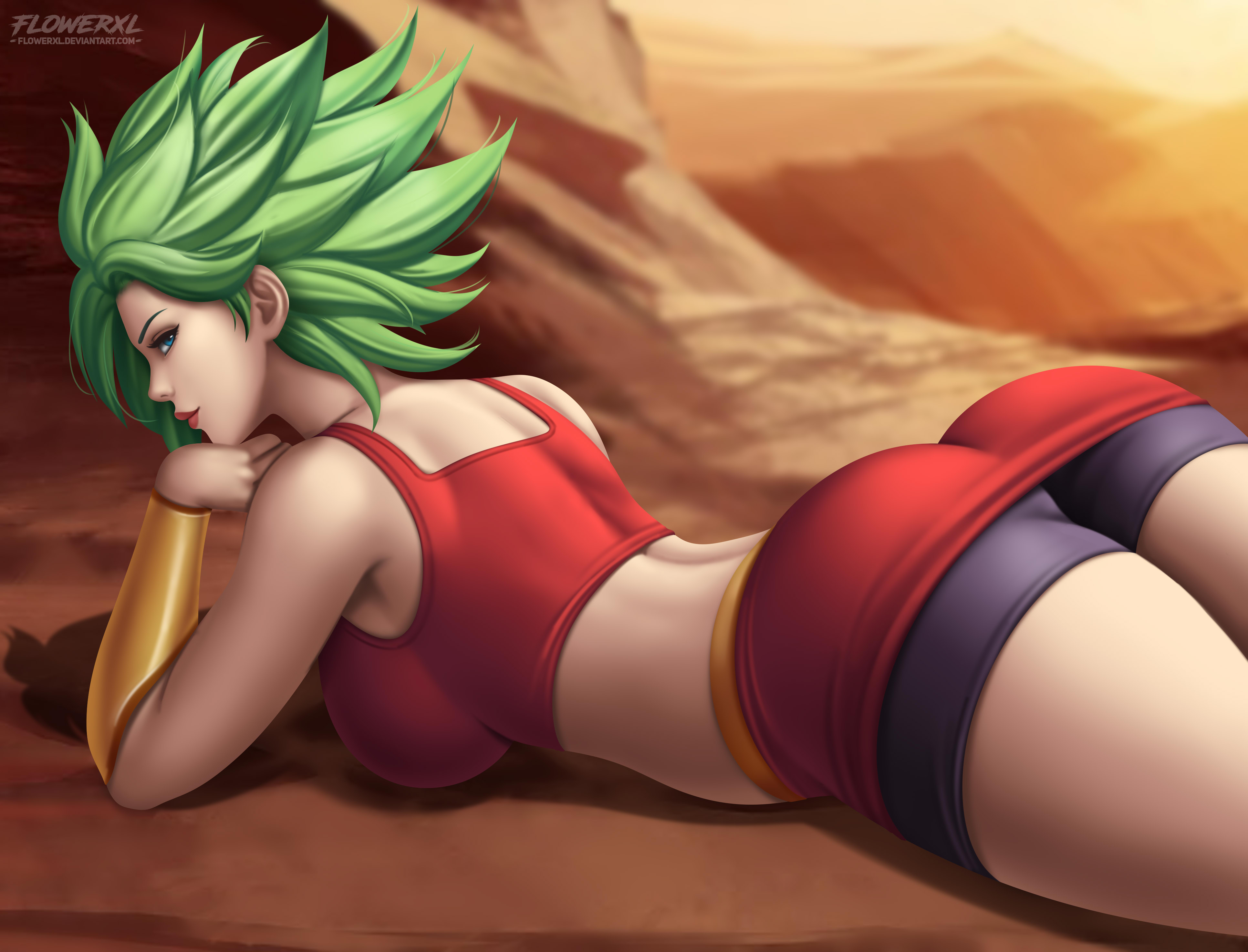 1girls, ass, breasts, dragon ball, dragon ball super, female, flowerxl, green hair, kale, kale (berserker), legendary super saiyan, light skin, light-skinned female, muscular, muscular female, saiyan, short hair, spiky hair, super saiyan, super saiyan 2