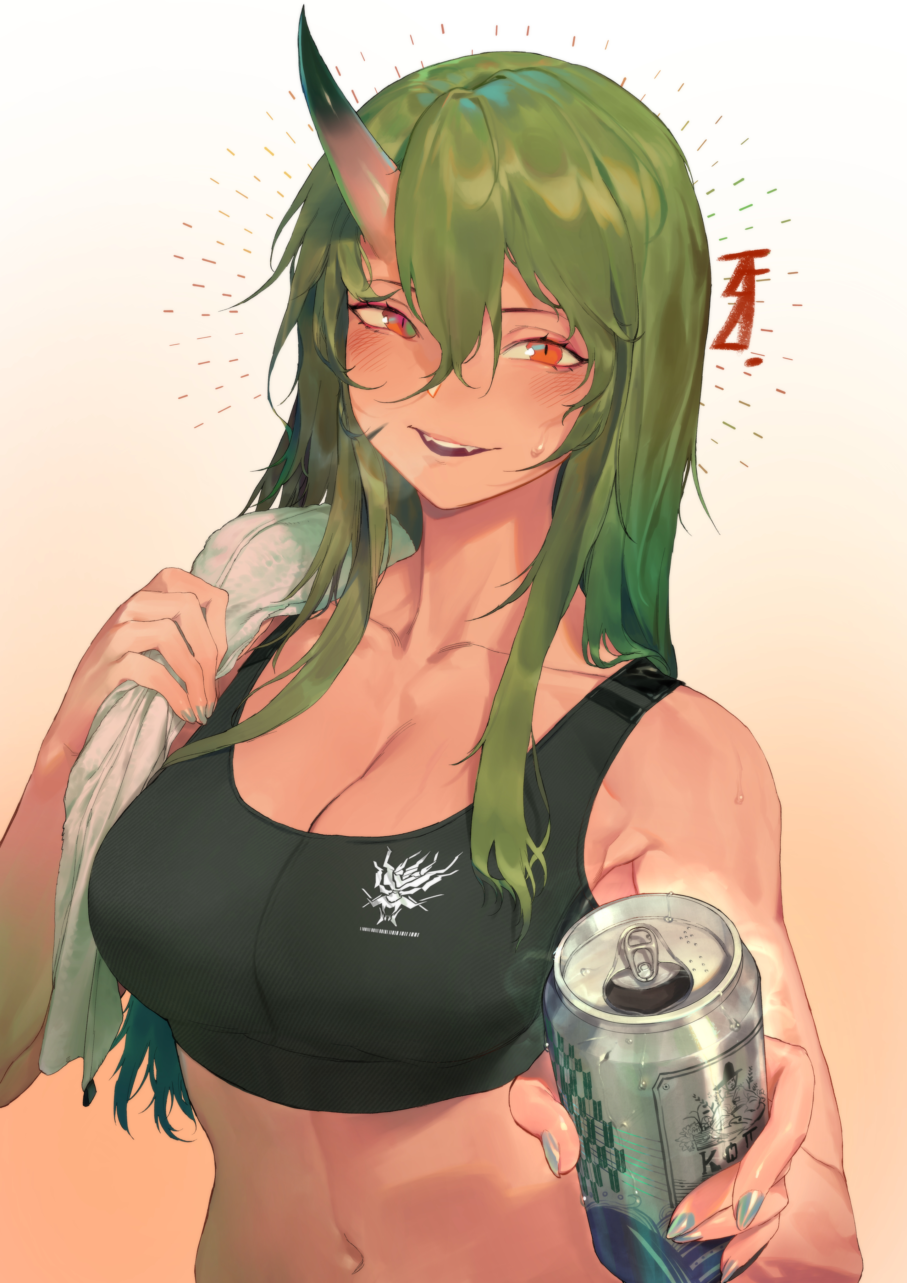 alternative eye color, arknights, big breasts, breasts, female, gasari, green hair, green nail polish, green nails, horn, hoshiguma (arknights), long hair, oni, orange eyes, painted nails, smile, sports bra, tagme, towel