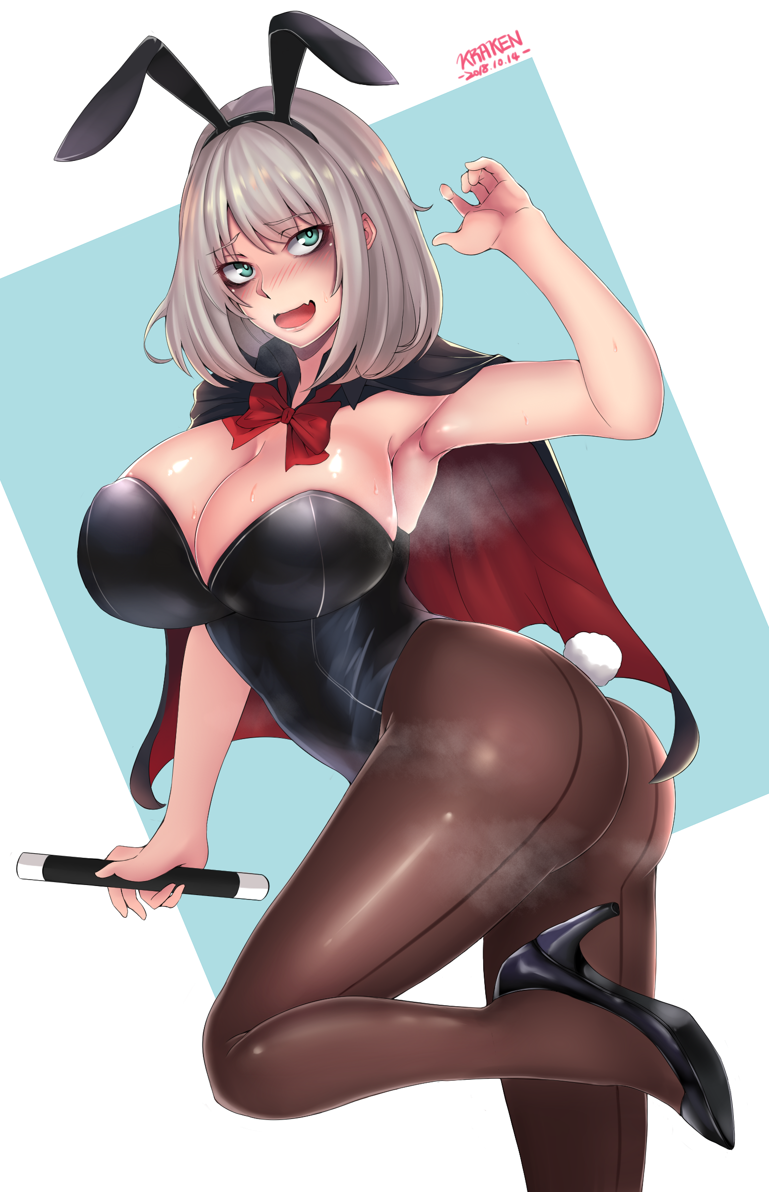 arm up, armpits, ass, big ass, big breasts, black leotard, black pantyhose, blush, bowtie, breasts, breath, bunny costume, bunny ears, bunny girl, bunny tail, bunnysuit, cleavage, cloak, covered nipples, eye bags, fake animal ears, female, green eyes, heels, high heels, kuraken, leotard, looking away, nipples, pantyhose, silver hair, solo, standing, standing on one leg, steam, steaming body, steamy breath, tejina senpai, tejina senpai (character)