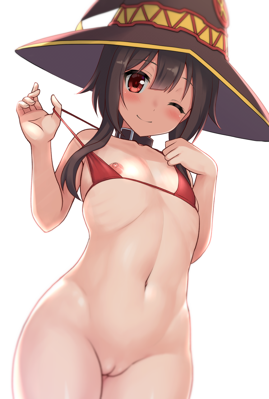 1girls bangs bare_arms bare_shoulders bikini black_collar blush bottomless closed_mouth collar collarbone commentary_request cowboy_shot female female_only flat_chest hands_up hat highres hormone_koijirou kono_subarashii_sekai_ni_shukufuku_wo! looking_at_viewer megumin micro_bikini navel nipples one_eye_closed pussy red_bikini red_eyes short_hair short_hair_with_long_locks simple_background smile solo solo_female stomach strap_pull swimsuit true_flat_chest white_background witch_hat