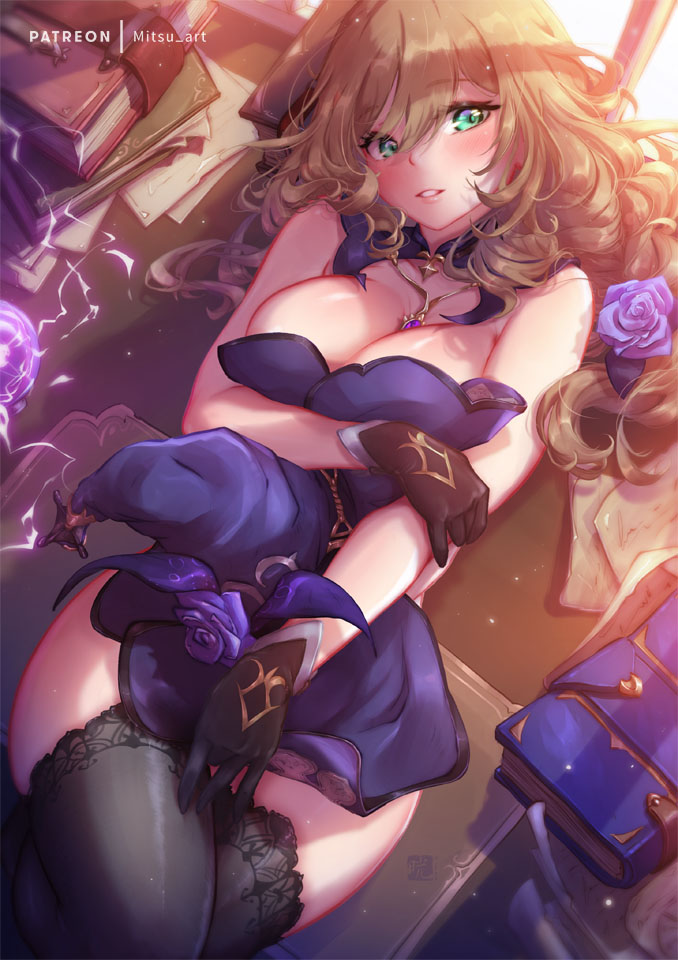 1girls, brown hair, female, genshin impact, green eyes, lisa (genshin impact), mitsu art, necklace, solo, witch hat