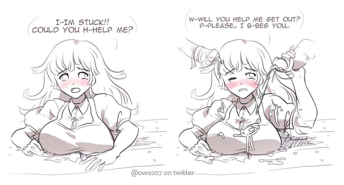 1girls, 2boys, blush, breasts, clothed, clothed female nude male, clothing, cum, cum on breasts, cumshot, danganronpa, danganronpa 2: goodbye despair, female, female focus, fully clothed, handjob, human, male, monochrome, nikkei (artist), penis, straight hair, stuck, text, tsumiki mikan, wince