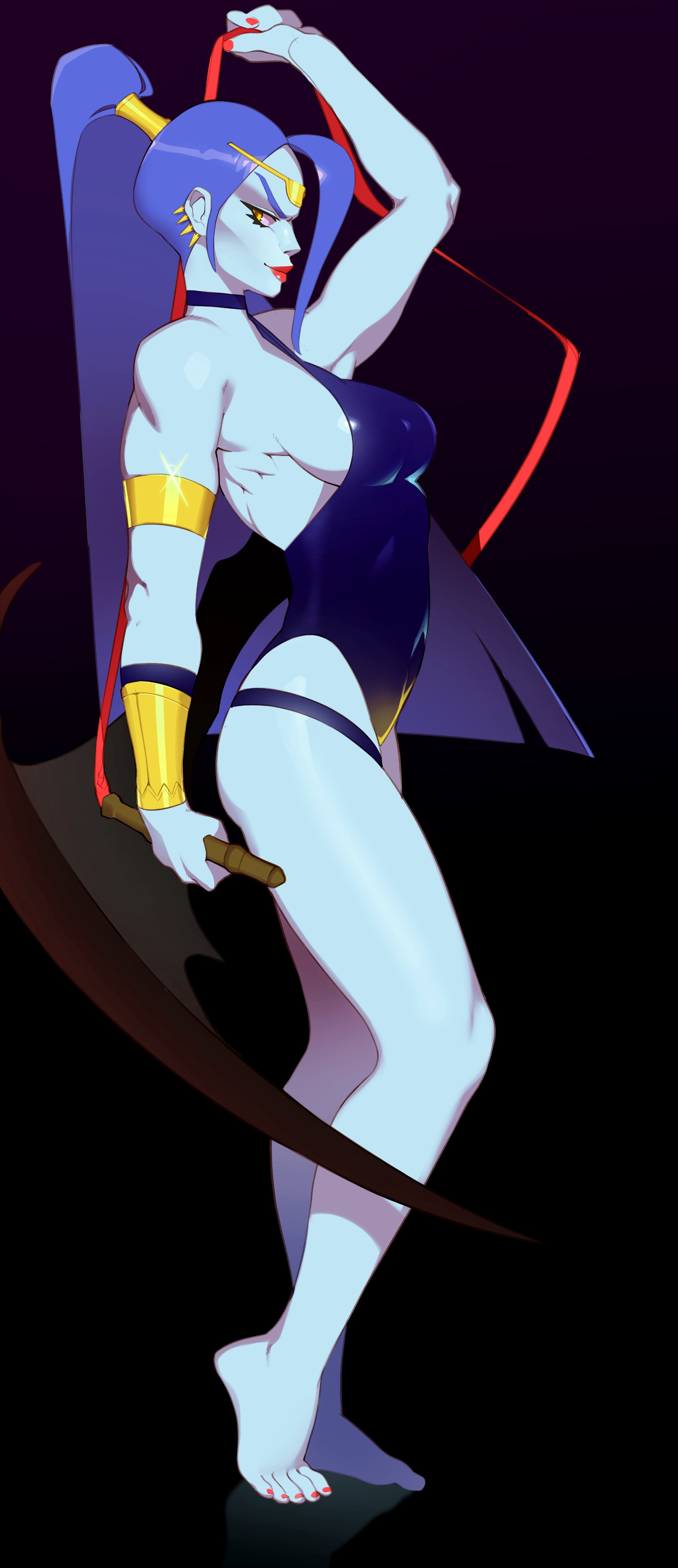 1girls, alternate version available, big breasts, blue skin, breasts, cleavage, collarbone, combos-n-doodles, female, female only, hades (game), lipstick, long hair, looking back, megaera (hades), ponytail, red lipstick, red toenails, solo, voluptuous, weapon, whip, wings