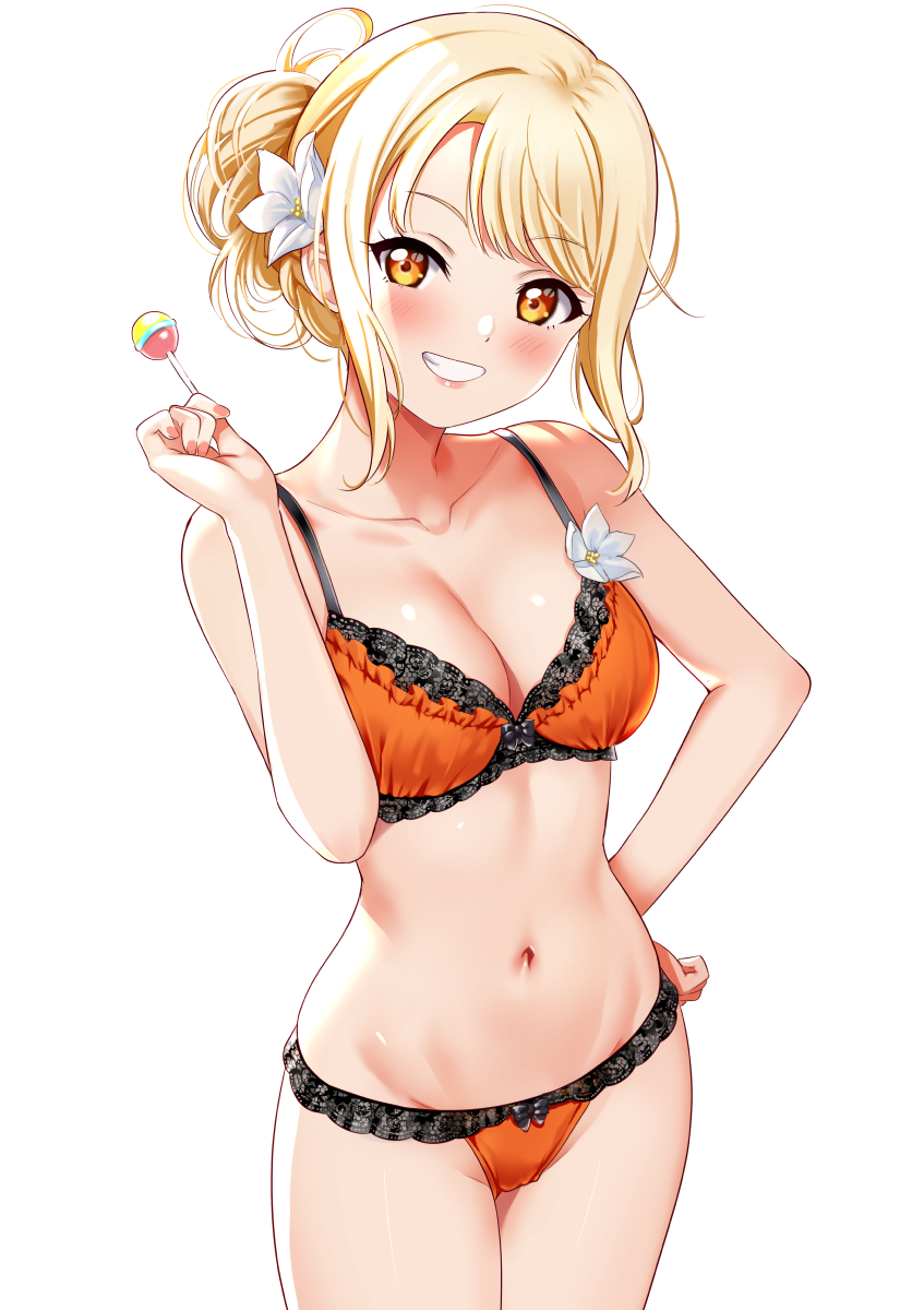 :d, 1girls, bare arms, bare shoulders, black bow, blonde hair, bow, bow panties, bra, breasts, candy, cleavage, clothing, collarbone, cowboy shot, female, female focus, flower, food, frilled bra, frills, grin, hair bun, hair flower, hair ornament, hi res, holding, holding food, legs together, lollipop, looking at viewer, love live!, love live! nijigasaki high school idol club, love live! school idol festival, matching underwear, medium breasts, miyashita ai, navel, open mouth, orange bra, orange eyes, orange panties, panties, sankuro (agoitei), short hair, simple background, single hair bun, smile, solo, stomach, swept bangs, teeth, underwear, underwear only, white background, white flower