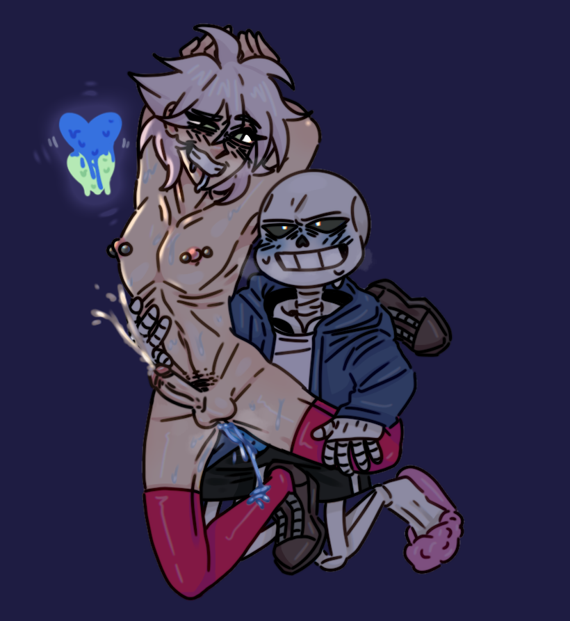 2boys albinoart anal anal_sex arms_behind_head arms_up blue_blush blue_cum blushing cum cum_inside cumming cumming_together cumming_while_penetrated cumming_while_penetrating cumshot danganronpa ectobody ectopenis footwear fully_clothed gay gay_sex legs_behind_back male_only nagito_komaeda nipple_piercing non-human piercing red_stockings sans sansmaeda sitting_on_floor skeleton soul_sex stockings straight_hair sweat sweating twink undertale wtf yaoi