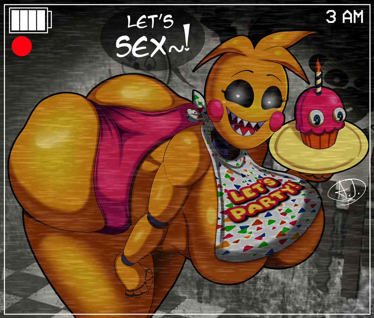 1girls, 4j03, animatronic, animatronic female, big ass, camera view, chicken, chicken girl, cupcake (fnaf), female, five nights at freddy's, five nights at freddy's 2, fnaf, fnaf2 location, phasianid, robot, robot girl, scottgames, solo, toy chica (fnaf), yellow, yellow skin