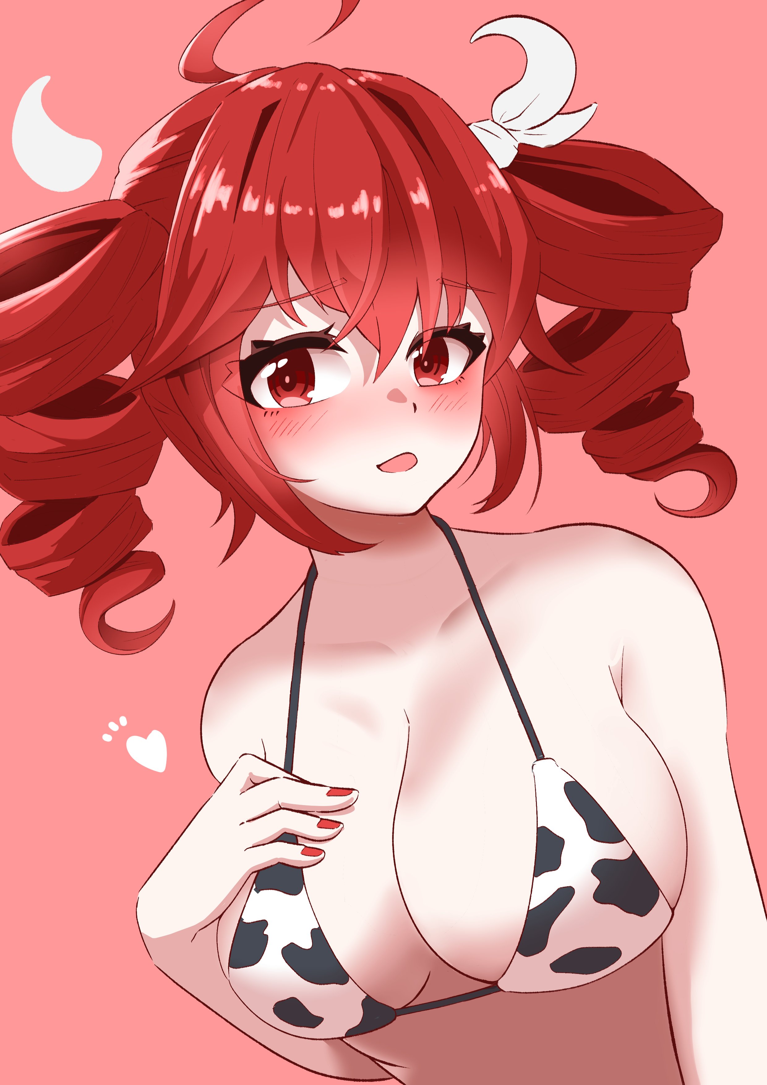 1girls, 2d, 2d (artwork), ahoge, bamboo rindou, big breasts, bikini, bikini top, blush, blush lines, breasts, cleavage, cow print, cow print bikini, eyelashes, female, female only, hair ornament, hairbow, hand on breast, hand on own chest, heart, heart symbol, huge breasts, kasane teto, kasane teto (sv), large breasts, looking at viewer, nail polish, open mouth, painted nails, red eyes, red hair, red nails, simple background, solo, solo female, synthesizer v, twin drills, upper body, upper body focus, utau
