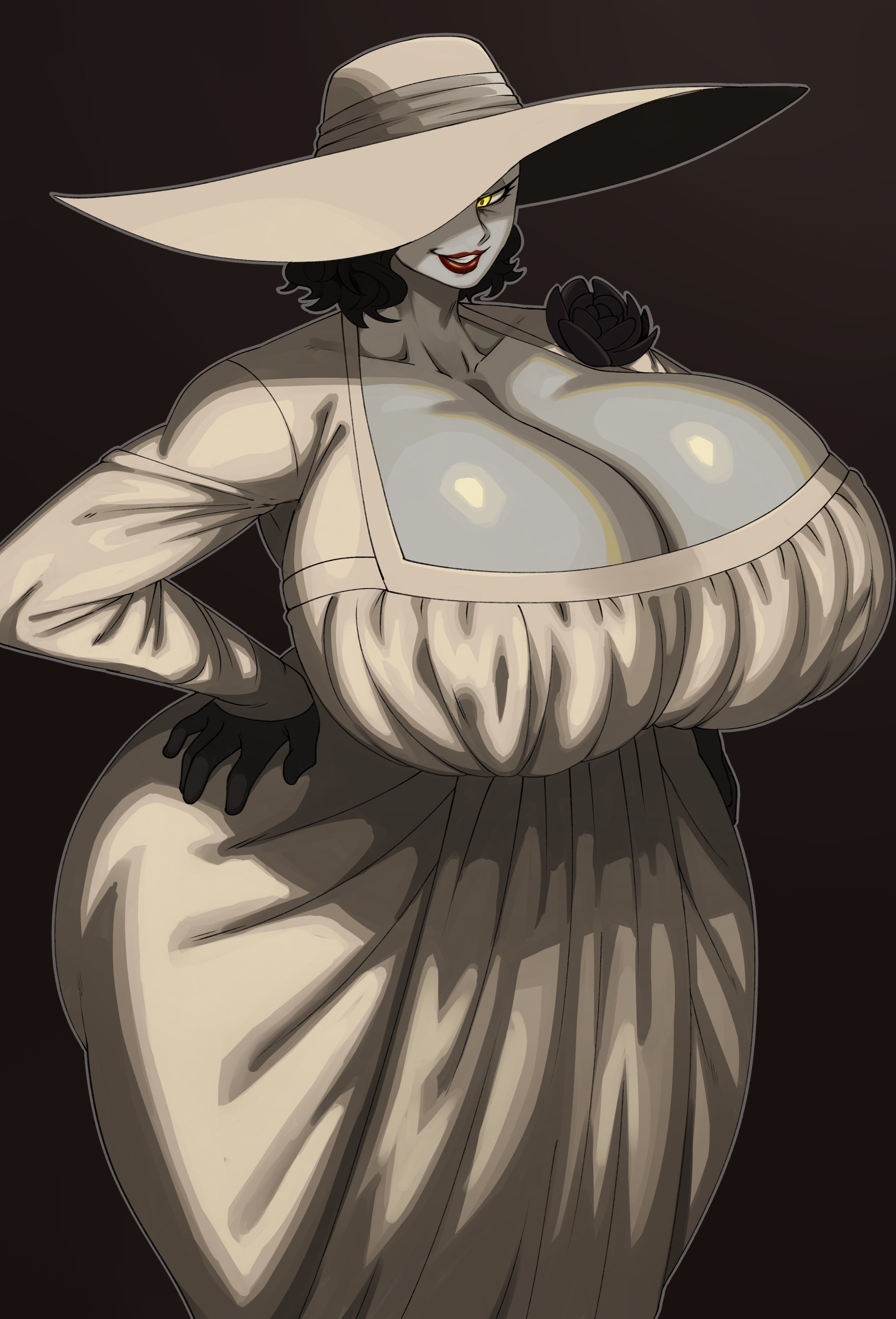 1girls, 2021, alcina dimitrescu, big breasts, black hair, breasts, breasts bigger than head, capcom, cleavage, dress, female, female only, gigantic breasts, hand on hip, hat, hi res, highres, huge breasts, large breasts, looking at viewer, one eye covered, resident evil, resident evil 8: village, simple background, sssonic2, video games, voluptuous