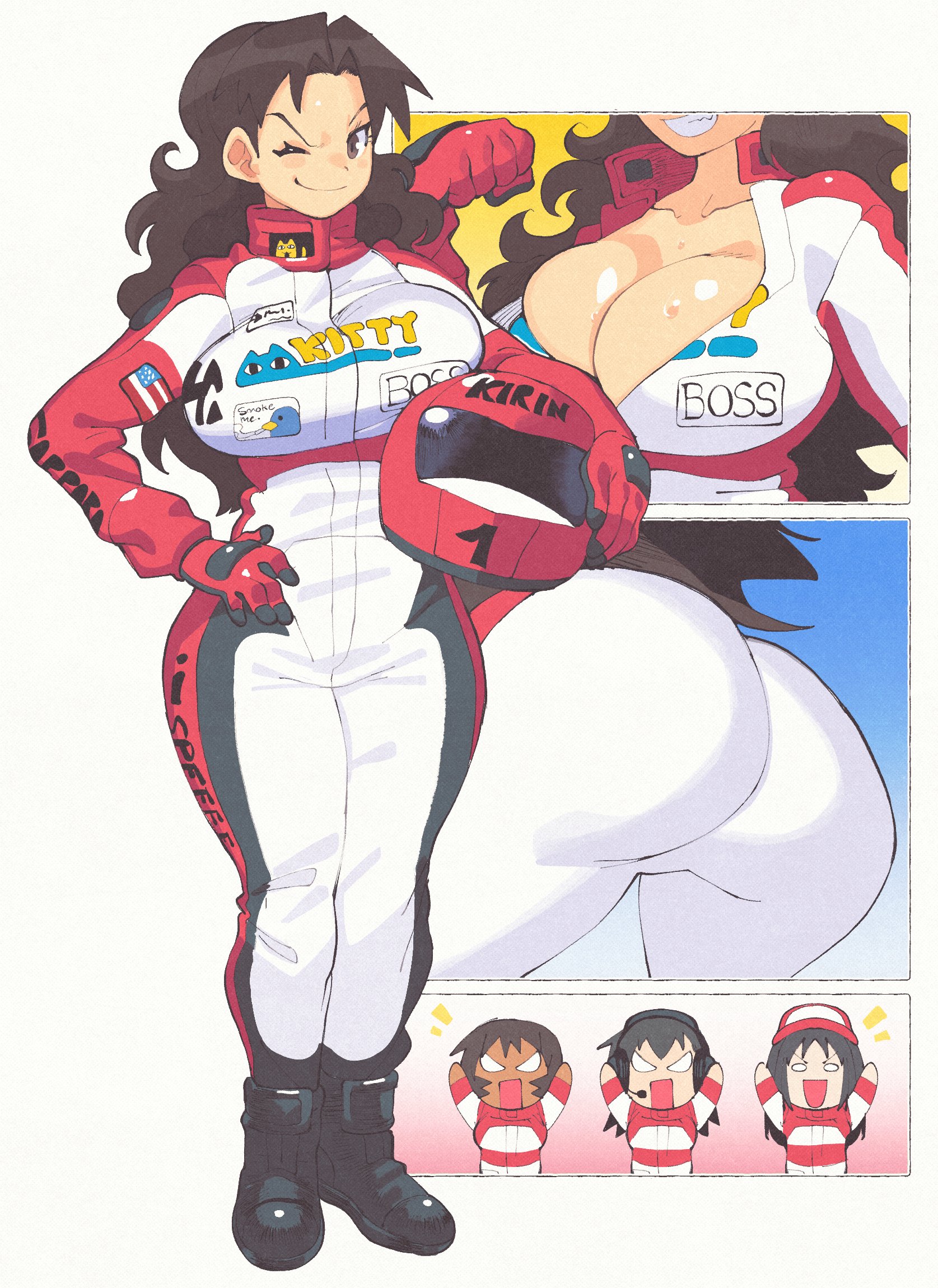 azumanga daiou, big ass, big breasts, brown hair, inkerton-kun, inkuusan, kagura (azumanga daiou), osaka ayumu kasuga, race car, tagme, tomo takino, tuff ass fit, wink, winking at viewer, yukari tanizaki