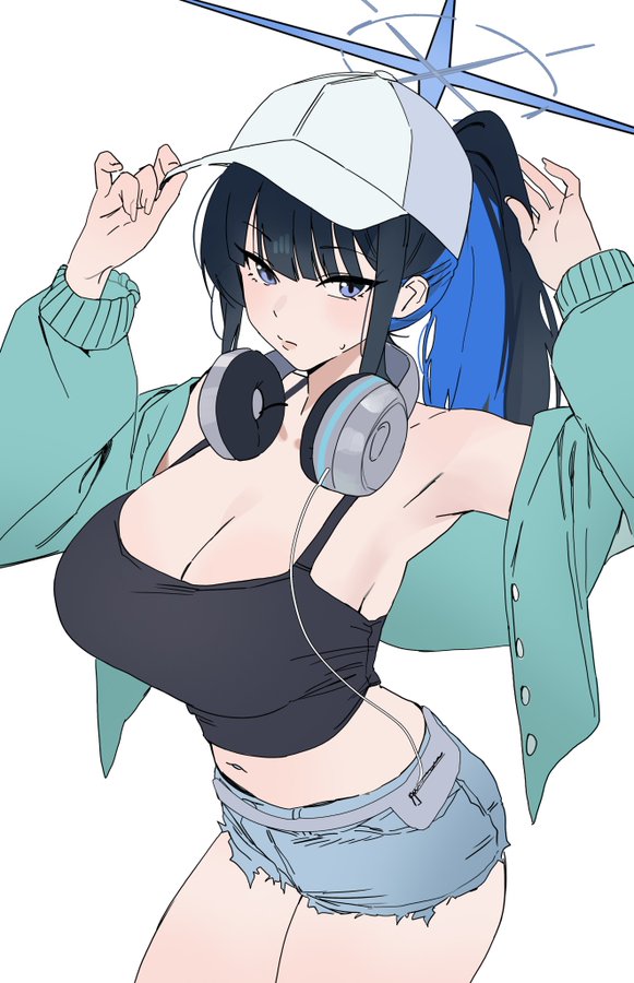 1girls, blue archive, blue hair, large breasts, saori (blue archive), solo, tank top