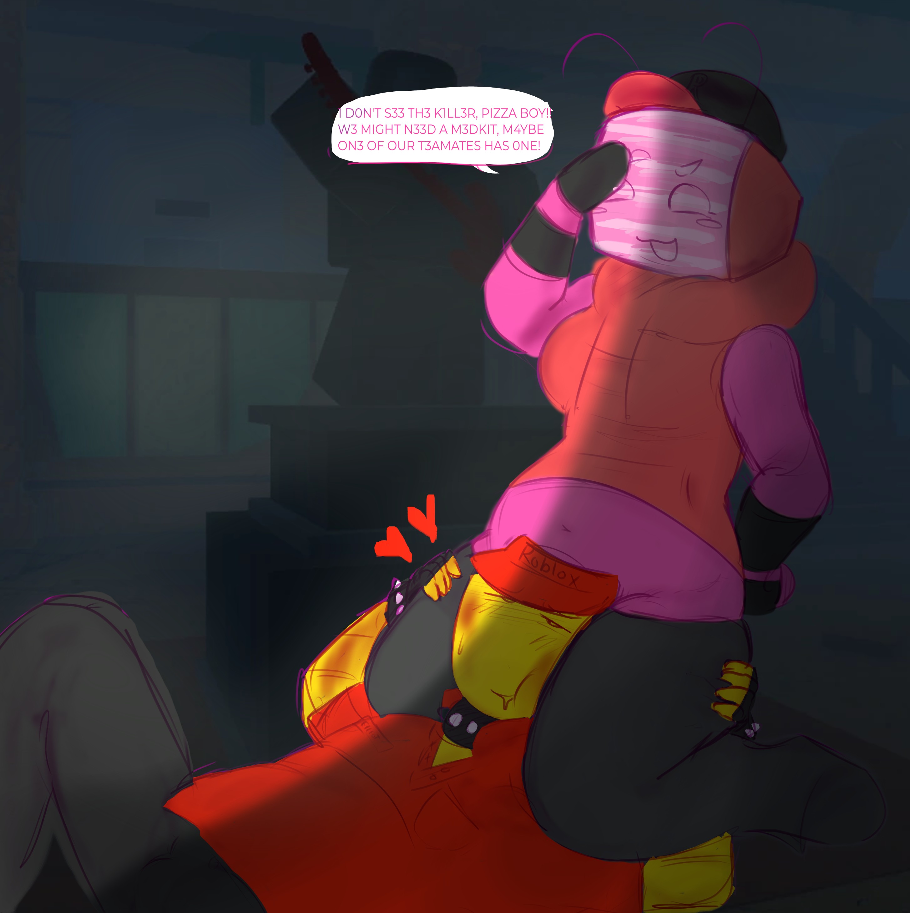 1boy, 1girls, 3d background, boner, breasts, clothing, colored, drooling, elliot (forsaken), face between thighs, forsaken (roblox), gripping thighs, head between thighs, heart-shaped pupils, hearts, hiding, jaejaelikesdrawing, roblox, roblox background, roblox game, robloxian, screencap background, shaded, speech bubble, stomach, thighs, tv head, veeronica
