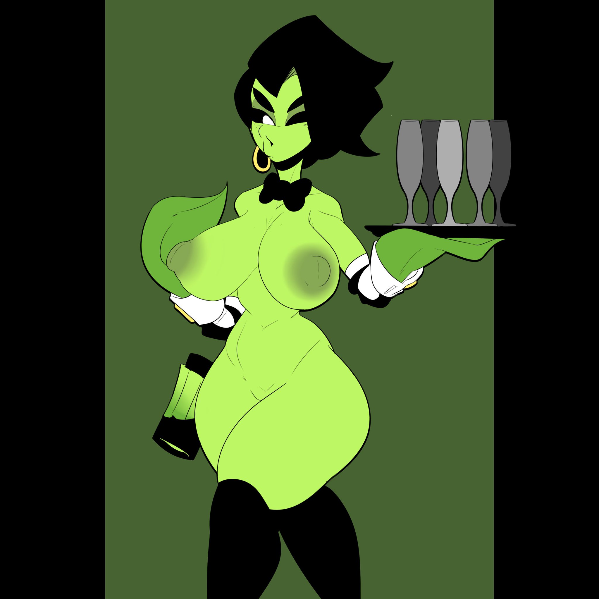 agent pea, agent pea (pvz), big breasts, breasts, exposed breasts, female, green skin, nipples, peashooter (pvz), peashooter ray54612277 (design), plant, plantie, plants vs zombies, ray54612277, tagme, waitress, wink