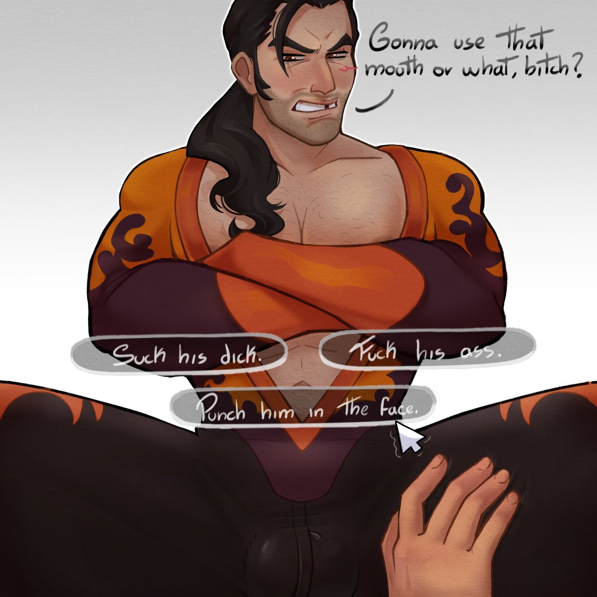 angry, before sex, cutiething, dispatch (game), flambae, gameplay mechanics, gay, irritated, male, male only, masculine, muscular, muscular male, solo, solo focus, suggestive