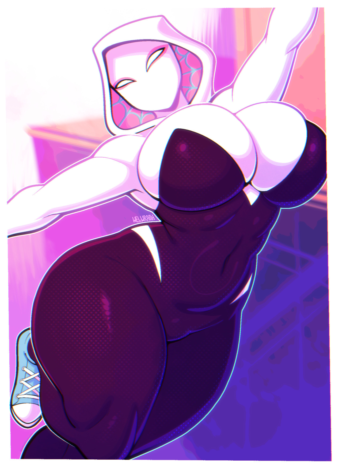 ass, big ass, big breasts, bodysuit, female, female only, gwen stacy, half-closed eyes, hoodie, huge ass, marvel, mask, shoes, spider-gwen, spider-man (series), spider-man: into the spider-verse, swinging, voluptuous, web swinging, welwraith