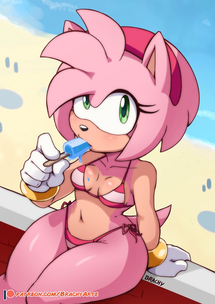 1girl, 1girls, amy rose, animal ears, artist name, beach, bikini, bracelet, brachyzoid, breasts, cloud, day, female, female only, food, furry, green eyes, ice cream, jewelry, medium breasts, navel, ocean, outdoors, pink bikini, pink hair, popsicle, sand, sega, short hair, sitting, sky, solo, sonic (series), sonic the hedgehog (series), swimsuit, tail, towel, water