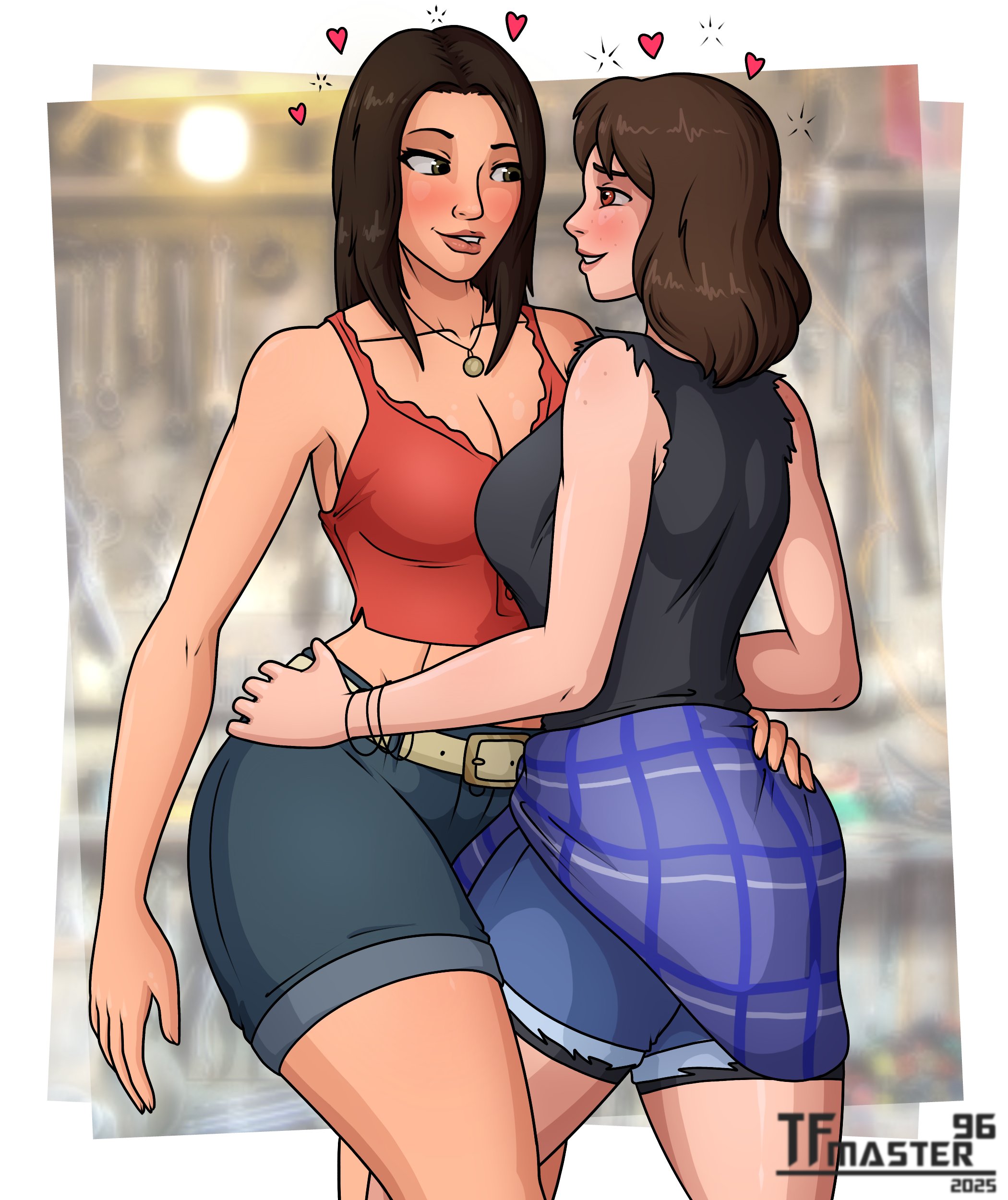2girls, biting lip, black hair, blush, blushing female, bodies pressed together, breasts, brown eyes, brown hair, bumblebee movie, charlie watson, crossover, eyebrows, eyebrows raised, female, female domination, female focus, female only, female/female, freckles, freckles on face, fully clothed, hailee steinfeld, hands on ass, hands on hips, heart, lesbian couple, lgbt pride, megan fox, mikaela banes, pinup, pinup pose, short hair, short shorts, sleeveless, sleeveless shirt, tank top, tanktop, tfmaster96, transformers, transformers (bayverse), yuri