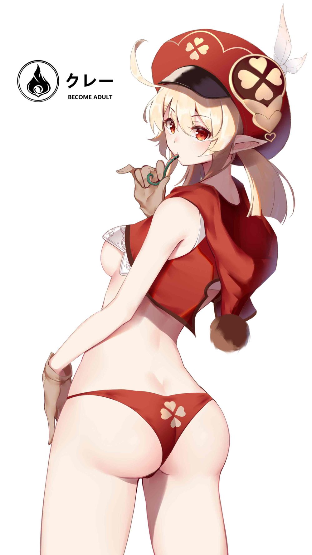 1girls, aged up, ass, ass crack, breasts, butt crack, female, from behind, genshin impact, grown up, hat, hi res, klee (genshin impact), lizard, older female, panties, pointy ears, red eyes, sideboob, twintails, underboob