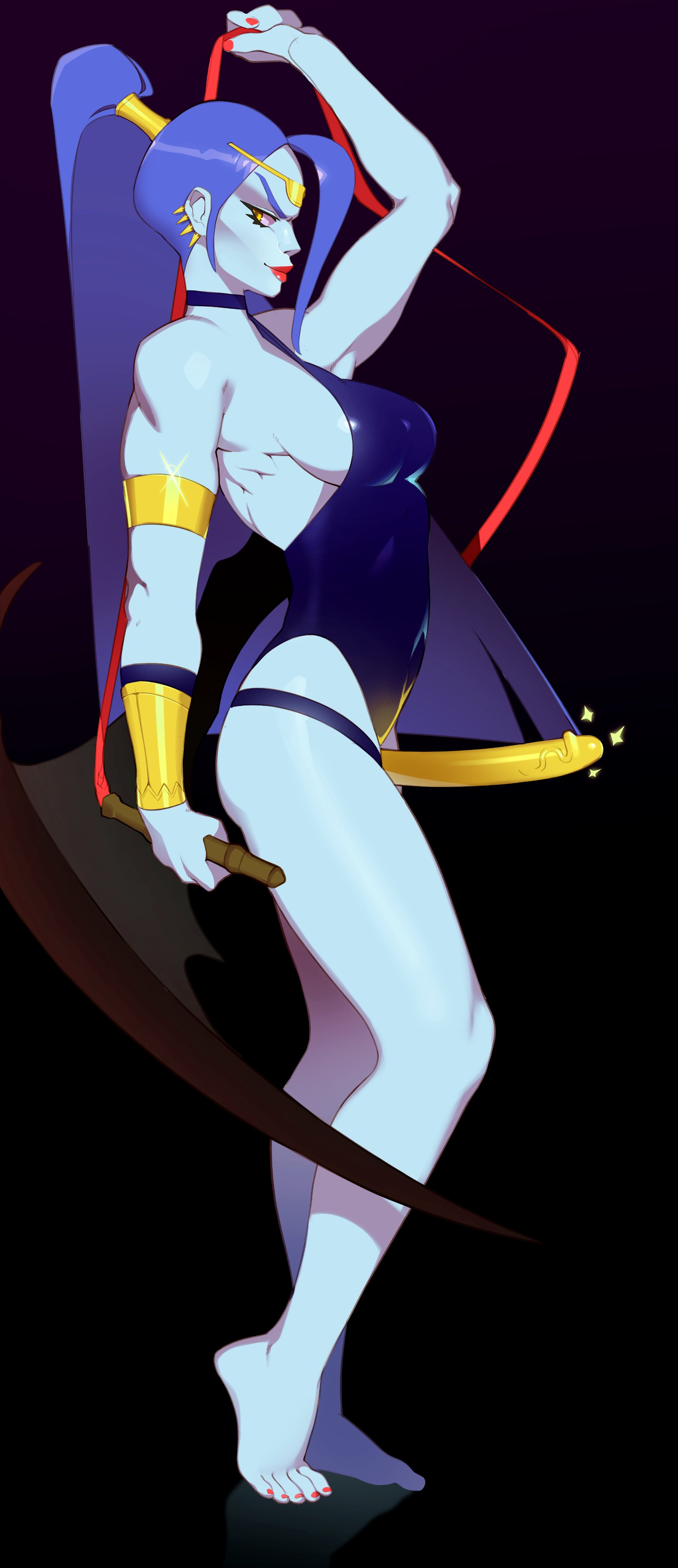 1girls, alternate version available, big breasts, blue skin, breasts, cleavage, collarbone, combos-n-doodles, female, female only, glowing penis, hades (game), lipstick, long hair, looking back, male, megaera (hades), penis, ponytail, red lipstick, red toenails, solo, sparkle, sparkles, strap-on, strapon, voluptuous, weapon, whip, wings