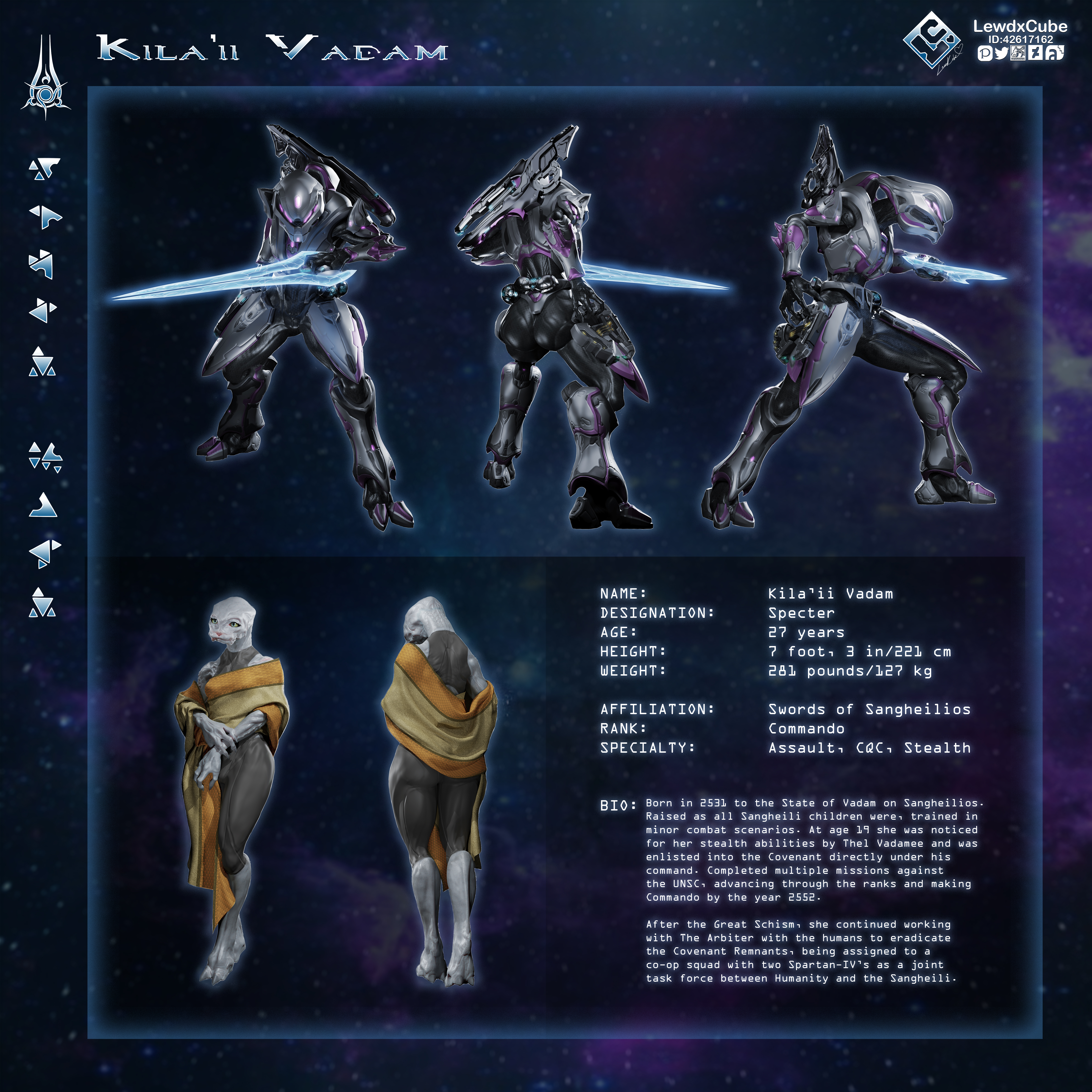 1girls, alien, alien female, armor, character profile, clothed, clothed female, elite (halo), female, female only, female sangheili, halo (game), halo (series), lewdxcube, non-nude, sangheili, solo, tagme, voluptuous, voluptuous female, weapon