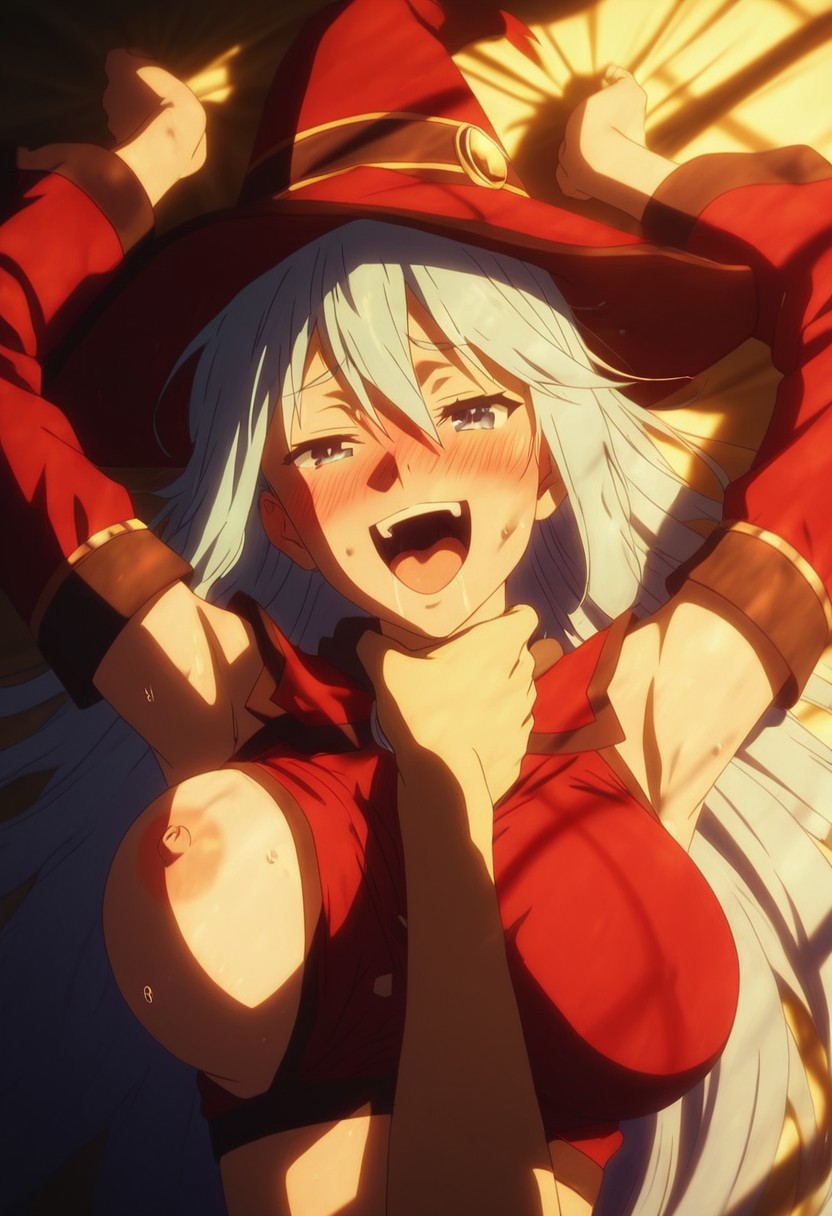 ai generated, aqua (konosuba), breasts out, choking, choking while penetrating, cosplay, costume, drooling, grabbing sheets, implied sex, kono subarashii sekai ni shukufuku wo!, konosuba, spardai (artist), uneven breasts, witch costume, witch hat