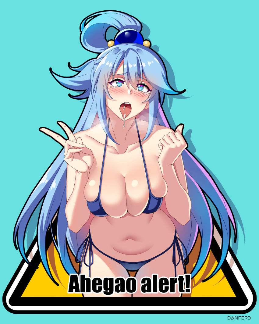 1girls ahe_gao ahegao aqua_(konosuba) bikini breasts danfer3 english_text female kono_subarashii_sekai_ni_shukufuku_wo! peace_sign tagme text v_sign