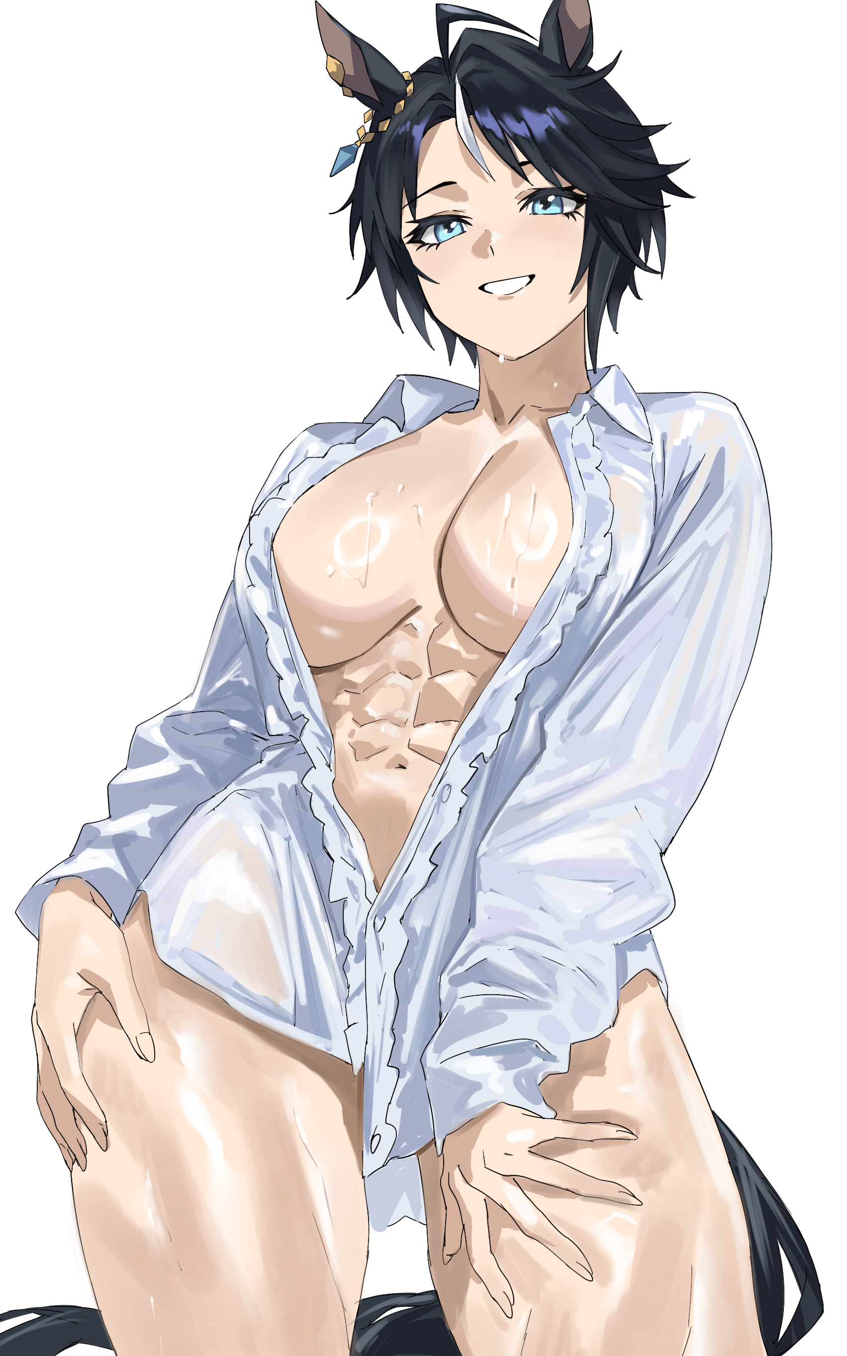 1girls, abs, absurd res, absurdres, ahoge, animal ears, athletic, athletic female, big breasts, black hair, blouse, blue eyes, breasts, center frills, cleavage, collared blouse, collared shirt, commentary request, ear ornament, eyelashes, eyeliner, female, female only, fit, fit female, frilled shirt, frills, fuji kiseki (umamusume), grin, hi res, highres, horse ears, horse girl, horse tail, huge breasts, large breasts, long sleeves, looking at viewer, makeup, multicolored hair, muscular, muscular female, muscular legs, muscular thighs, naked shirt, navel, no bra, no panties, only shirt, open clothes, open shirt, shiny skin, shirt, short hair, simple background, sitting, smile, solo, standing, sweat, sweatdrop, sweating, tail, taiyang yu, thick, thick thighs, thighs, toned, toned female, umamusume, voluptuous, voluptuous female, wet, white background, white shirt, white streaks, wide hips