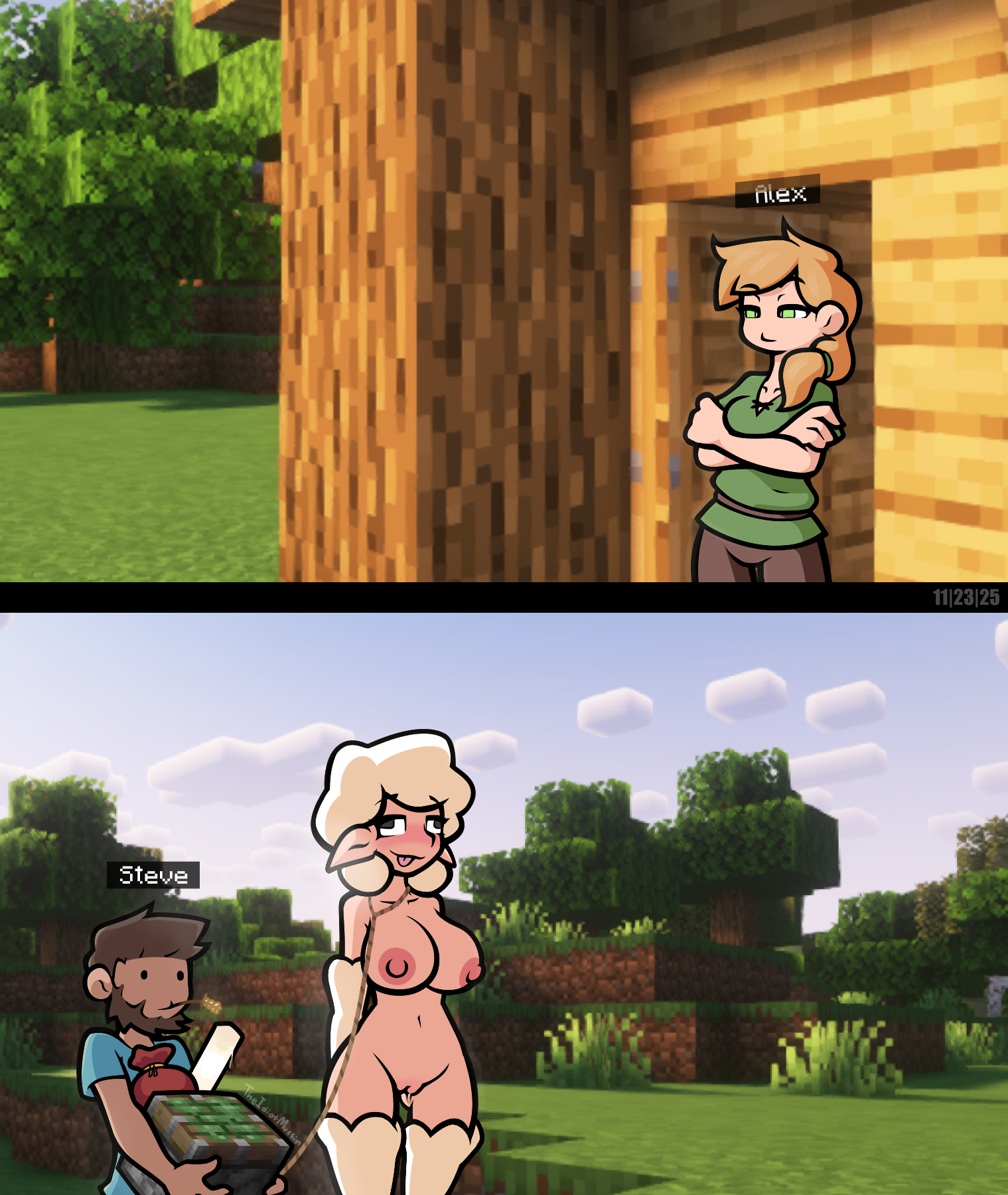 2girls, alex (minecraft), areolae, arms crossed, ass, ass visible through thighs, background, black eyes, blush, breasts, brown hair, clothed, clothed female, clothed male, end rod, ewe, fluffy hair, furry, green eyes, large breasts, minecraft, minecraft sheep fucker machine, name tag, nipples, orange hair, piston (minecraft), ponytail, pussy, pussy blush, pussy juice, pussy juice drip, screenshot background, sheep, sheep (minecraft), sheep girl, signature, steve (minecraft), tall female, text, theidiotmuffin, white fur, wool (fur)