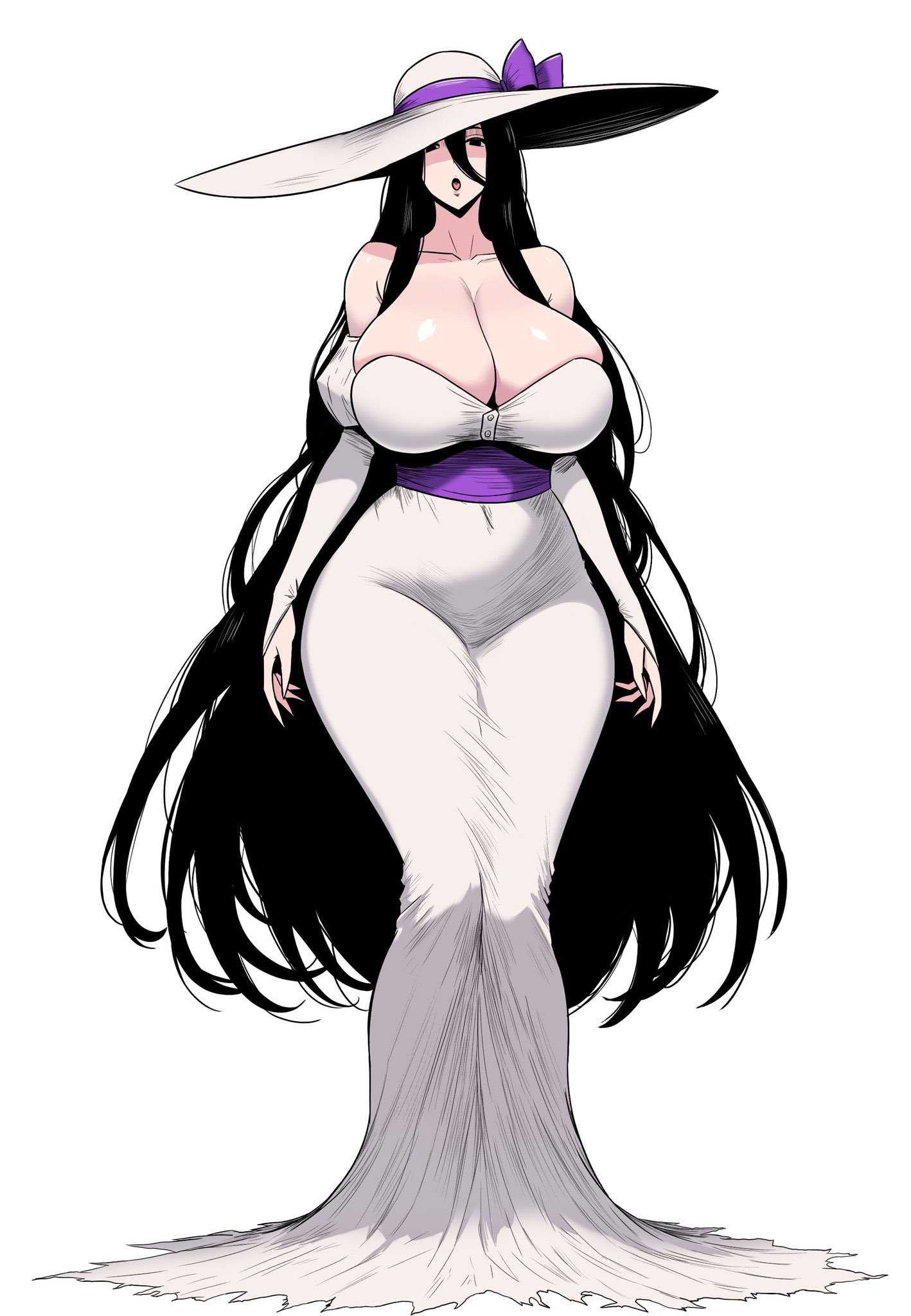 1girls, belly, belly button, big breasts, bigger female, black eyes, black hair, breast squeeze, breast squish, breasts, breasts out, child bearing hips, dress, female, folklore, giant breasts, hasshaku-sama, hat, huge female, japanese mythology, legend, long hair, long sleeves, lughost, massive breasts, mature female, milf, mythology, no bra, open mouth, pale skin, pale-skinned female, sun hat, thick hips, thick legs, thick thighs, tongue, tongue out, urban legend, white body, white dress, white skin