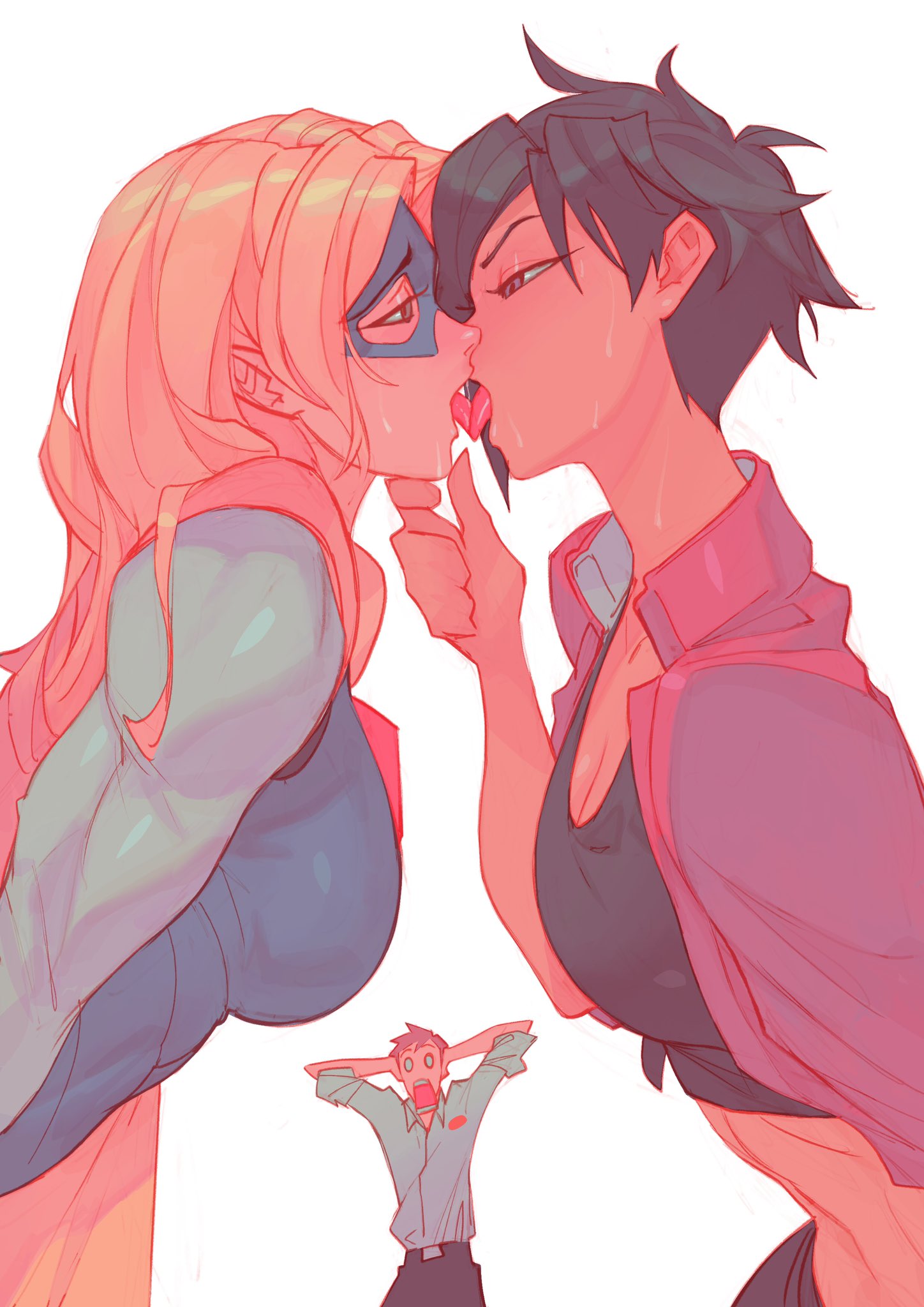 1boy, 2girls, blonde blazer, breasts, cleavage, dispatch (game), female, female focus, invisigal, kissing, large breasts, light skin, light-skinned female, looking at another, male, midriff, rebigaki art, robert robertson, surprised, white background, yknivel, yuri