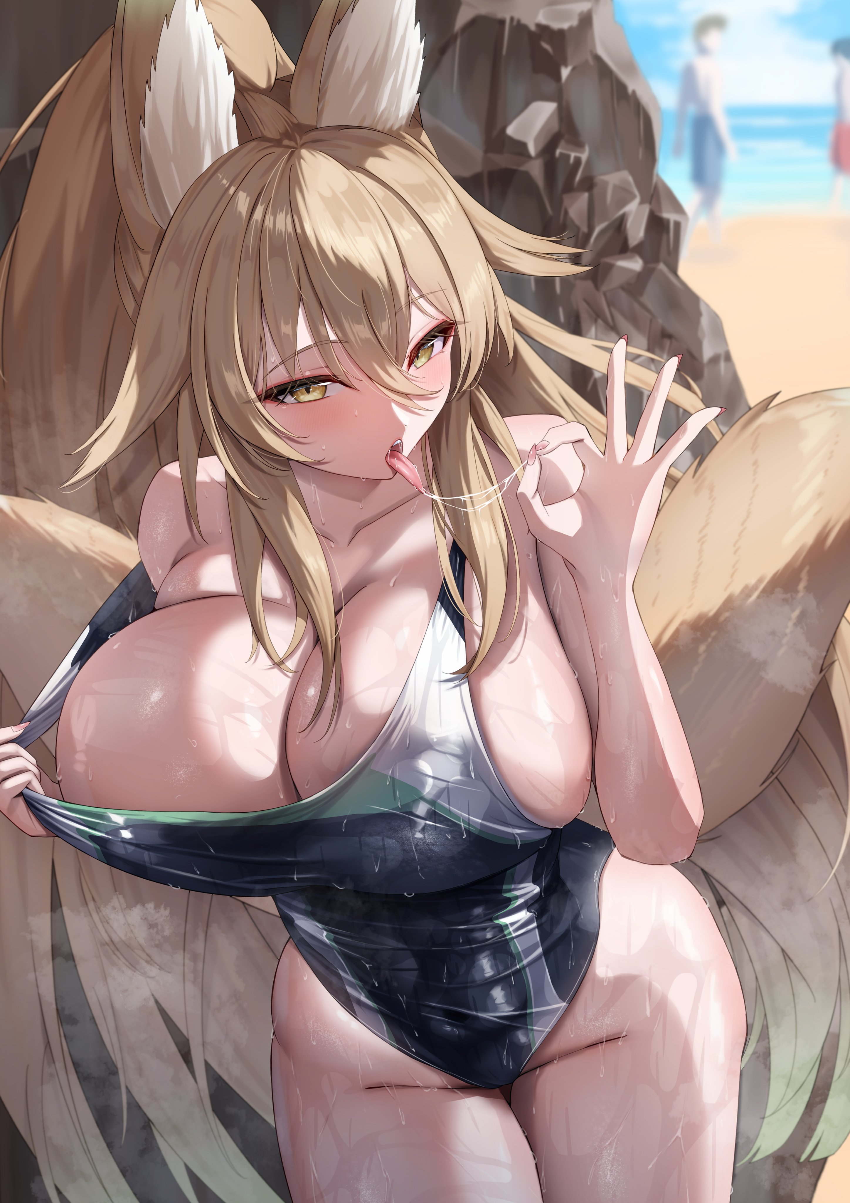 beach, beach background, big breasts, blowjob gesture, breast focus, breasts, character request, cleavage, enoha, fox ears, fox girl, huge breasts, looking at viewer, pulling own clothes, saliva, saliva string, saliva trail, seductive, seductive gaze, seductive look, seductive mouth, seductive pose, swimsuit, swimwear, teasing, teasing viewer, wet, wet body, wet clothes, wet skin, wide hips