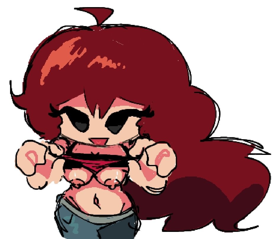1girl, 1girls, auburn hair, breasts, clothing, female, female focus, female only, fnf, fnf mod, friday night funkin, friday night funkin mod, friday night funkin: funkadelix, funkadelix girlfriend (friday night funkin), girlfriend (friday night funkin), looking at viewer, shirt lift, showing breasts, small breasts, smiling, solo, solo female, solo focus, stalker8018, white background