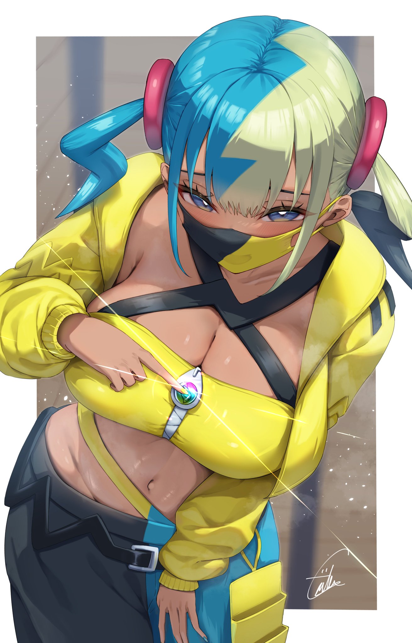 1girls, bandeau, belt, big breasts, black halterneck, blue nails, blush, canari (pokemon), canary (pokemon), criss-cross halter, cropped jacket, dark-skinned female, enohadayo, game freak, halterneck, jacket, looking at viewer, mask, multicolored clothing, multicolored hair, multicolored mask, multicolored pants, nail polish, navel, nintendo, pants, pokemon, pokemon legends: z-a, safe for work, split-color clothes, split-color pants, tagme, two-tone clothing, two-tone mask, two-tone pants, yellow bandeau, yellow jacket, yellow nails, zipper, zipper pull tab