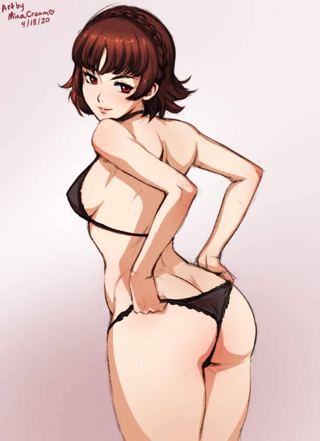 1girls, ass, atlus, bra, breasts, brown hair, female, hands on own ass, looking at viewer, looking back, makoto niijima, medium breasts, minacream, panties, persona, persona 5, red eyes, short hair, underwear