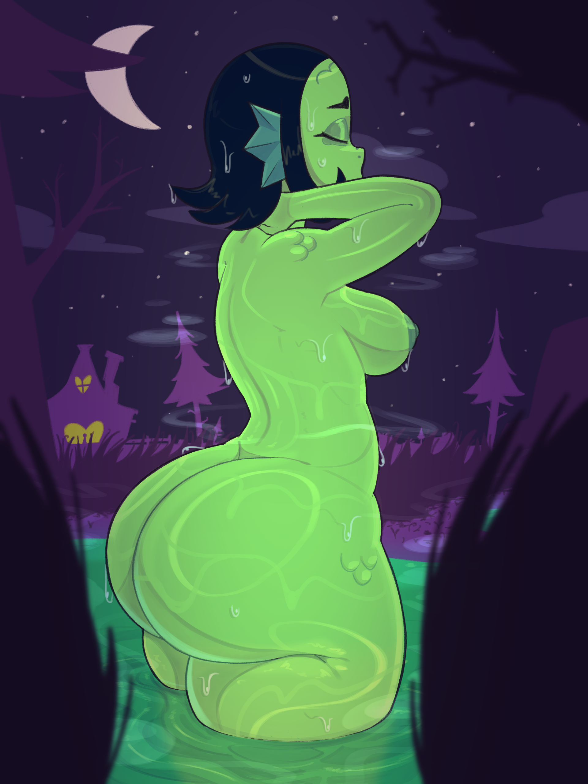bathing, big ass, black hair, brawl stars, breasts, container, creature, dirty water, evil container, green skin, jams draws, monster girl, night, night sky, short hair, skinny dipping, supercell, swamp, swamp monster, wet body, willow (brawl stars)