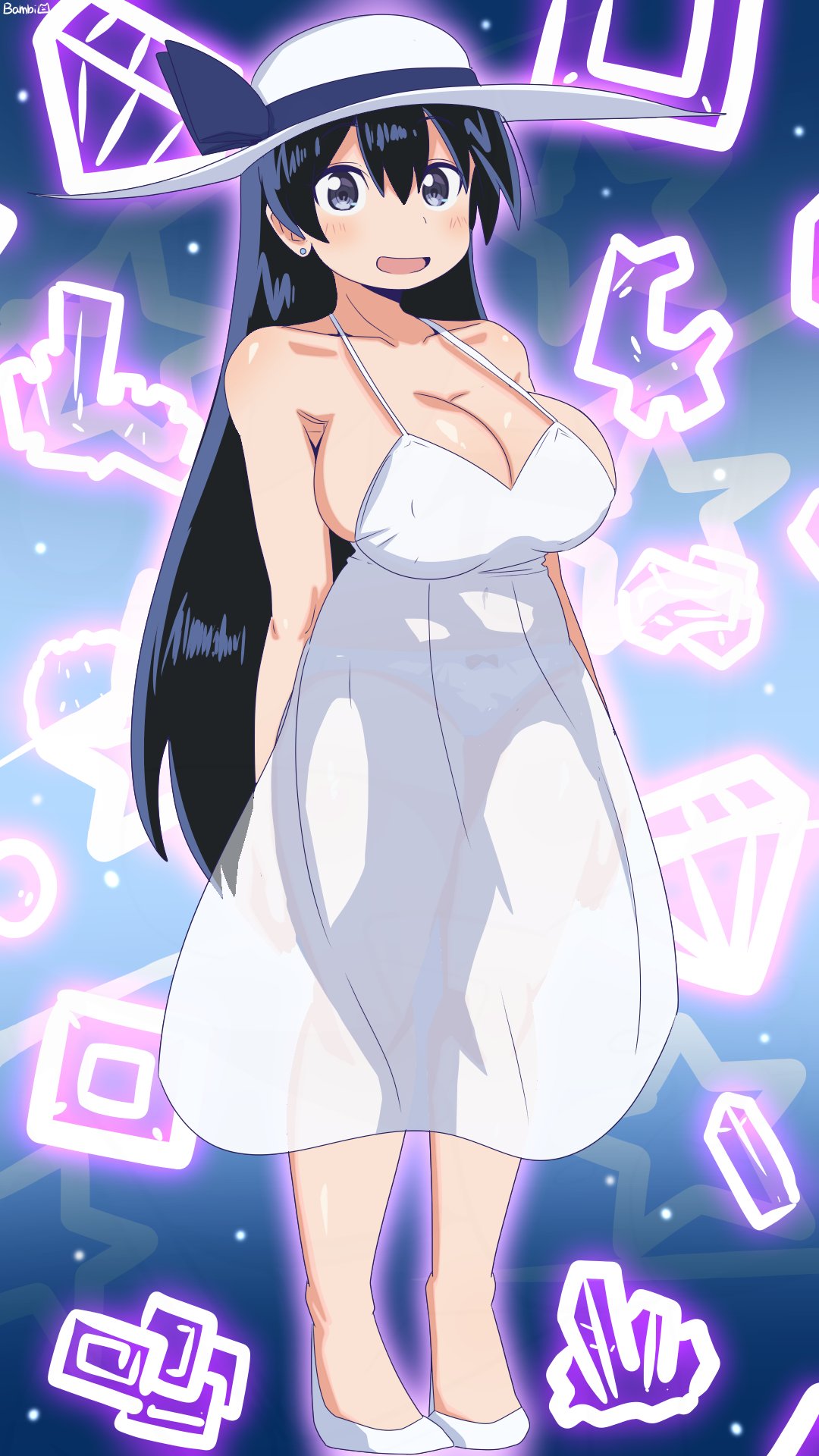arato nagi, bambi2000line, big breasts, black eyes, black hair, blush, breast squeeze, breasts, child bearing hips, dress, earrings, folklore, hasshaku-sama, hasshaku-sama (cosplay), hat, long hair, massive breasts, monster girl, nightmare waifu, nipples visible through clothing, no bra, panties, public domain, ruri no houseki, shoes, sun hat, thick hips, thick legs, thick thighs, urban legend, white body, white panties, white skin