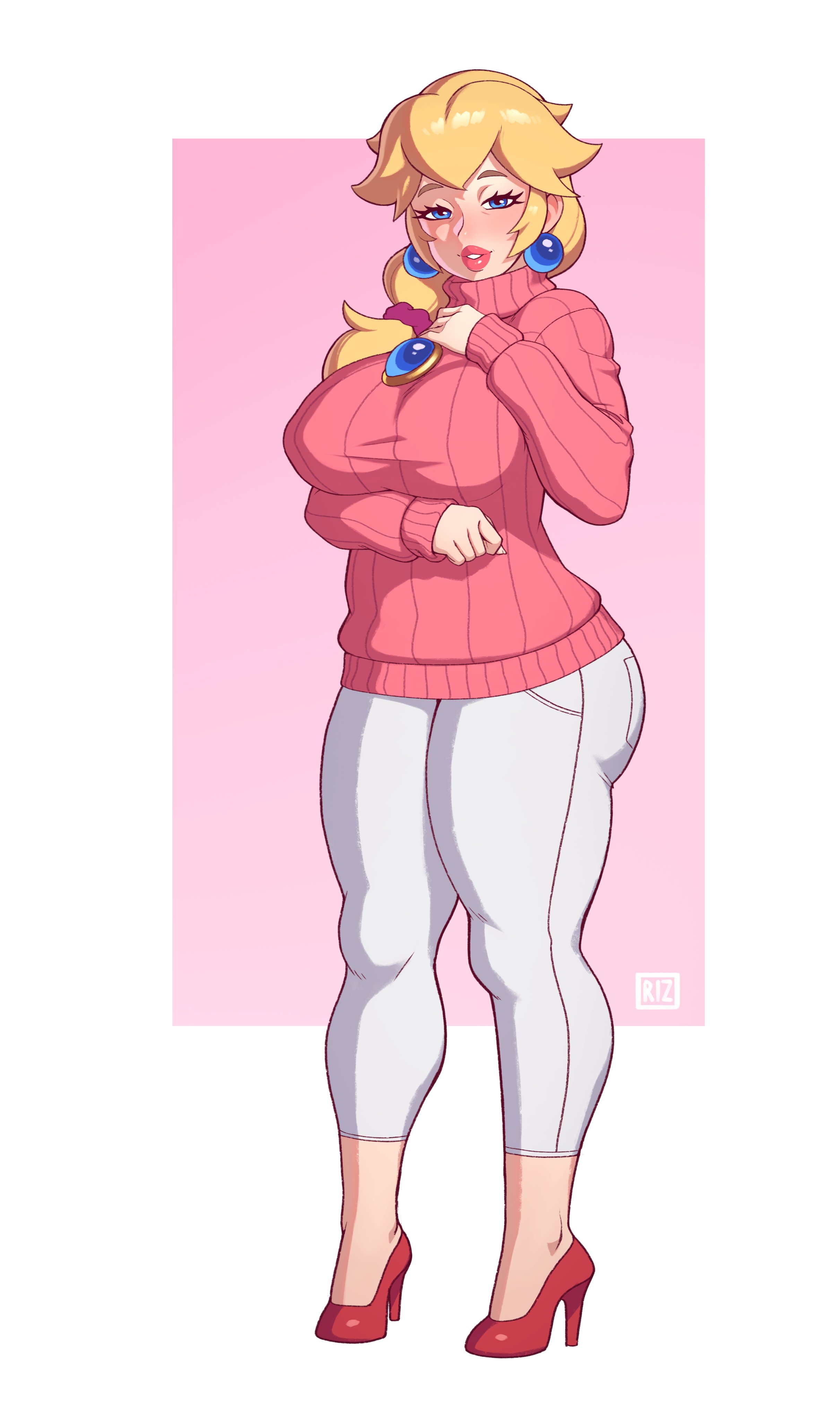 1girls, absurdres, aged up, bad id, bad twitter id, big breasts, blonde hair, blue eyes, breasts, clothed, clothing, earrings, female, female only, full body, fully clothed, hand on chest, high heels, highres, human, human only, large breasts, long hair, looking at viewer, mario (series), mature female, milf, nintendo, pants, pink background, pink sweater, ponytail, princess peach, ribbed sweater, rizdraws, shoes, simple background, smile, solo, standing, sweater, thick lips, thick thighs, tied hair, tight clothing, turtleneck, turtleneck sweater, white border, wide hips, year request