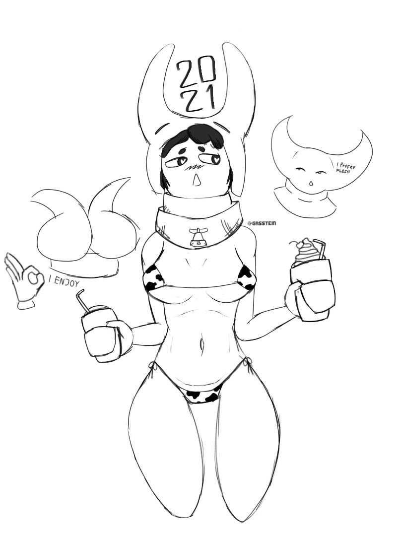 2021 ambiguous_gender bell bikini cow_print female female_focus gasstein holding_object horns hylics petite small_breasts somsnosa_(hylics) speech_bubble thigh_gap wayne_(hylics)