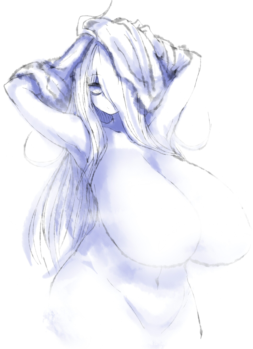2b213, armpits, arms behind head, arms up, belly button, breasts, curvy, eye bags, female, hair over one eye, huge breasts, mei (2b213), navel, nude, solo, source request, steam censor, tagme, thick