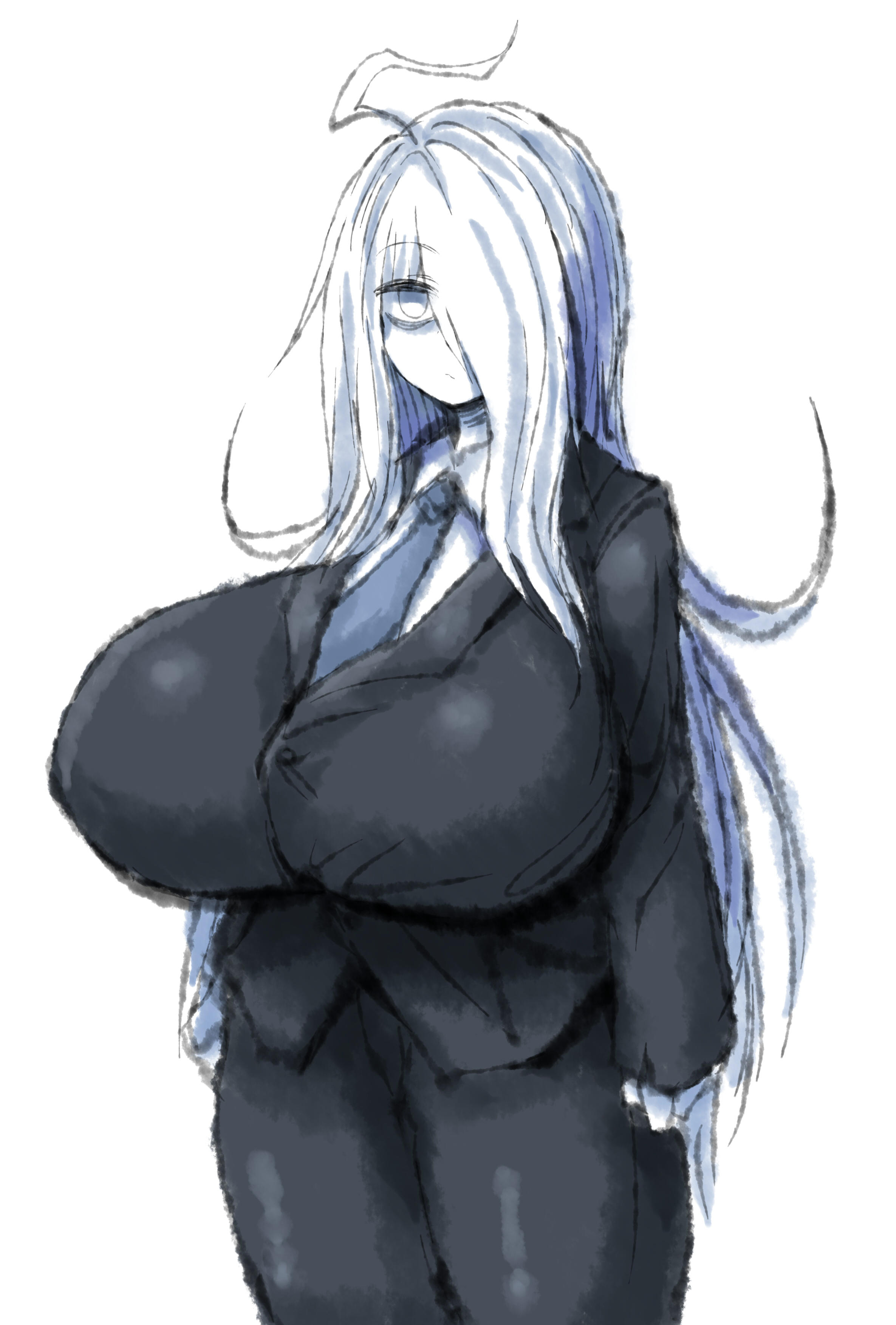 2b213, breasts, business suit, clothed, curvy, eye bags, female, hair over one eye, huge breasts, mei (2b213), solo, source request, tagme, thick, thick thighs