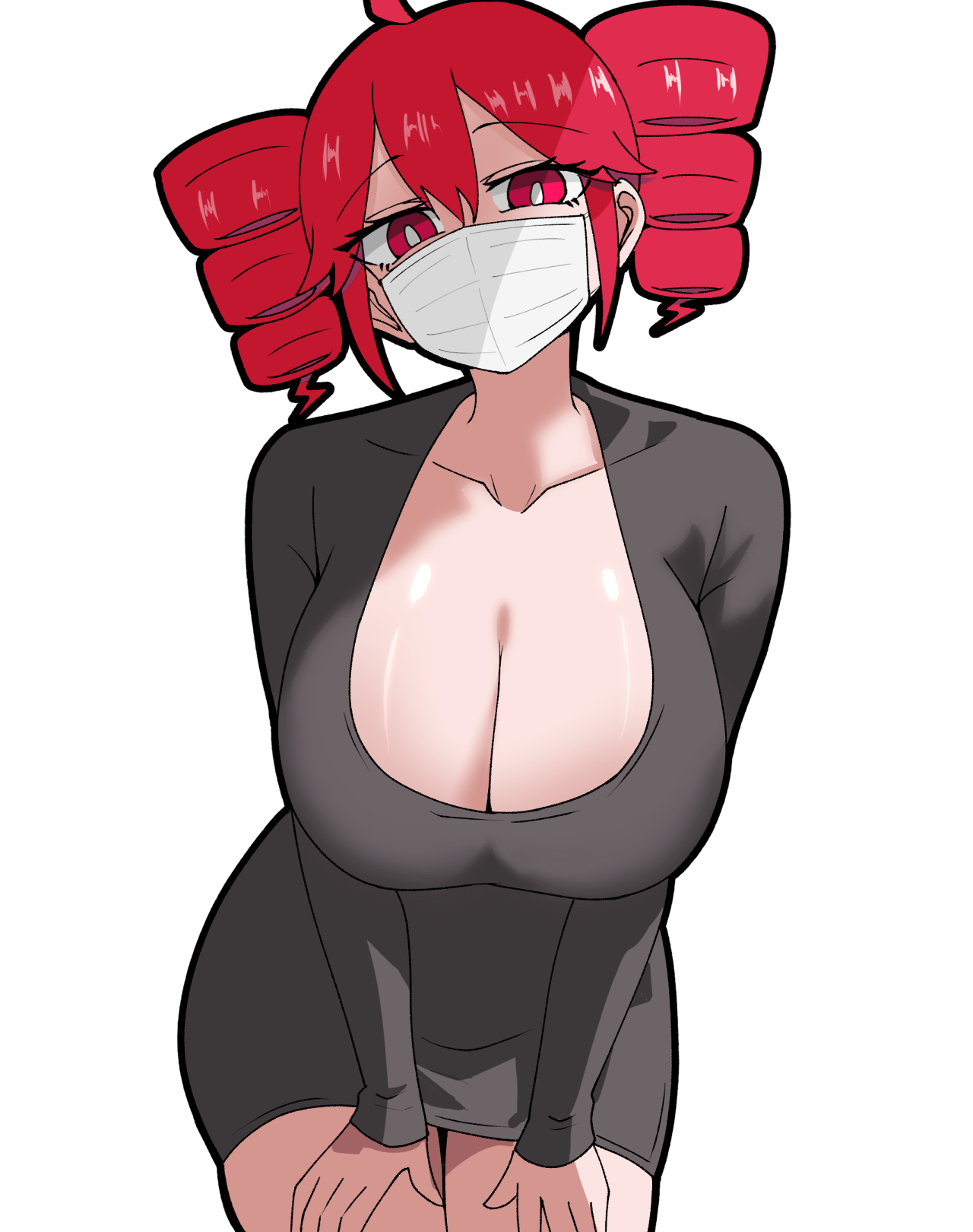 1girls, 2d, 2d (artwork), ahoge, artist request, bag, big breasts, big thighs, blush, blushing, blushing female, breasts, breasts focus, clavicle, cleavage, coffee, coffee cup, cup, curvaceous, curvy, curvy female, curvy figure, deep cleavage, dongtan dress, dress, eyelashes, face mask, fat breasts, female, female only, hand bag, hands on thighs, holding cup, holding object, hourglass figure, huge breasts, kasane teto, large breasts, large thighs, looking at viewer, mask, massive breasts, mature, mature female, navel, navel visible through clothes, no bra, office lady, plump, plump breasts, presenting, presenting breasts, purse, red eyes, red hair, revealing clothes, revealing dress, revealing outfit, round breasts, seductive, seductive look, shiny breasts, shiny skin, simple background, skimpy, skimpy dress, slim waist, solo, solo female, suggestive, suggestive look, suggestive pose, sweat, sweatdrop, sweating, thick thighs, thighs, tight clothing, tight dress, tired, tired eyes, tired look, twin drills, utau, voluptuous, voluptuous female, white background, wide hips