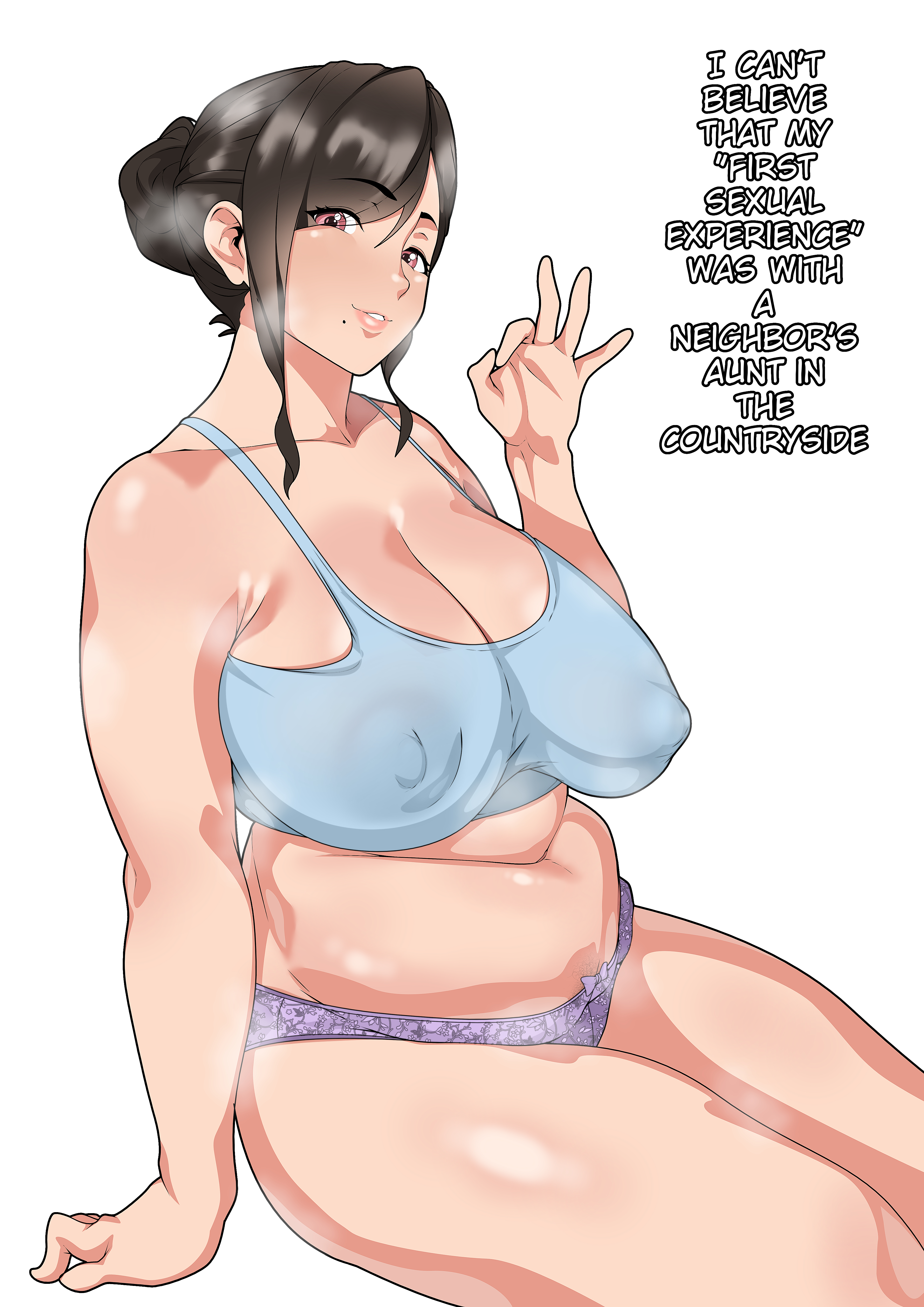 1girl, baby blue clothing, black hair, blush, bra, breasts, cleavage, covered nipples, english text, fellatio gesture, female pubic hair, harstfazn, large breasts, lingerie, looking at viewer, mature female, milf, mole, mole under mouth, navel, nipple bulge, original, panties, plump, pubic hair, pubic hair peek, realistic proportions, red eyes, smile, solo, voluptuous, voluptuous female
