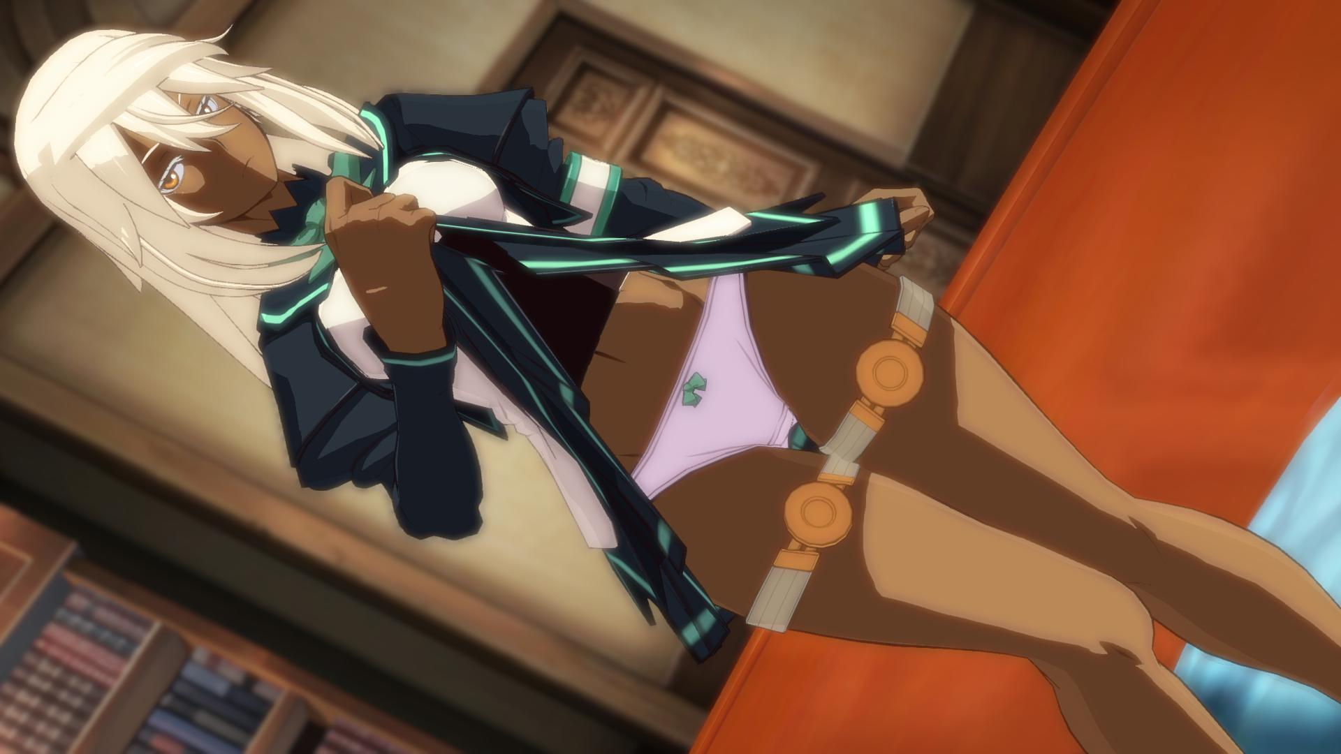 1girls, 3d, blonde hair, dark skin, dark-skinned female, female, guilty gear, guilty gear xrd, highres, lifted by self, looking at viewer, panties, pink panties, ramlethal valentine, showing panties, skirt, skirt lift, solo, thick thighs