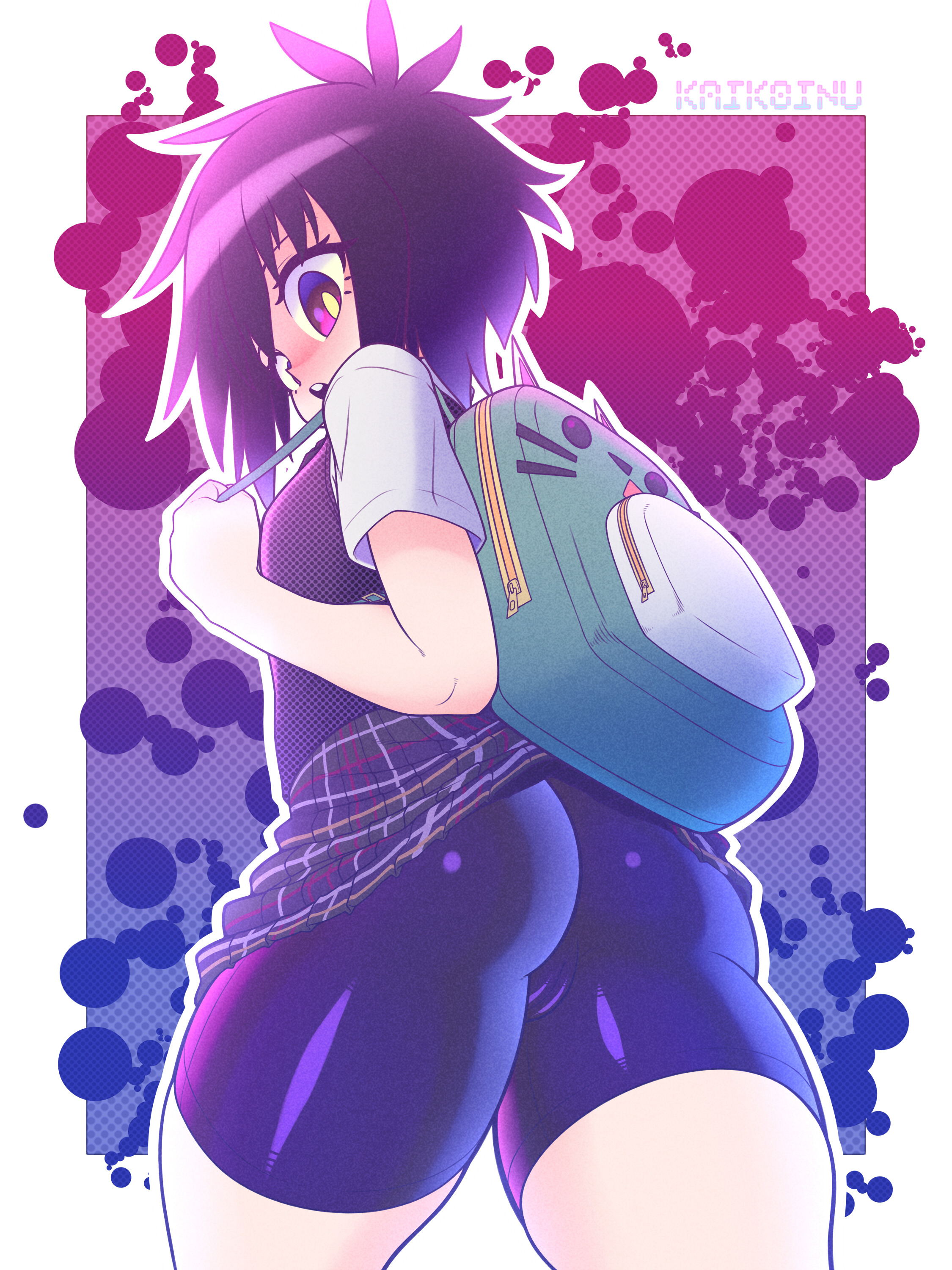 1girls, 2d, aged up, alternate version available, asian, ass, back view, backpack, bag, bike shorts, black hair, booty shorts, breasts, bubble ass, bubble butt, cameltoe, clitoris, clothed, female, female only, fully clothed, human, kaikoinu, large ass, latex, latex clitoris, latex vagina, light skin, light-skinned female, looking back, looking down, marvel, marvel comics, nonsexual, open mouth, pale skin, pale-skinned female, parted lips, peni parker, peni parker (earth-14512), pussy, school uniform, schoolgirl, short hair, short skirt, short sleeves, shorts, skirt, skirt up, small breasts, solo, solo female, spider-man (series), spider-man: into the spider-verse, standing, surprised, thick ass, thick thighs, thighs, upskirt, walking, watermark