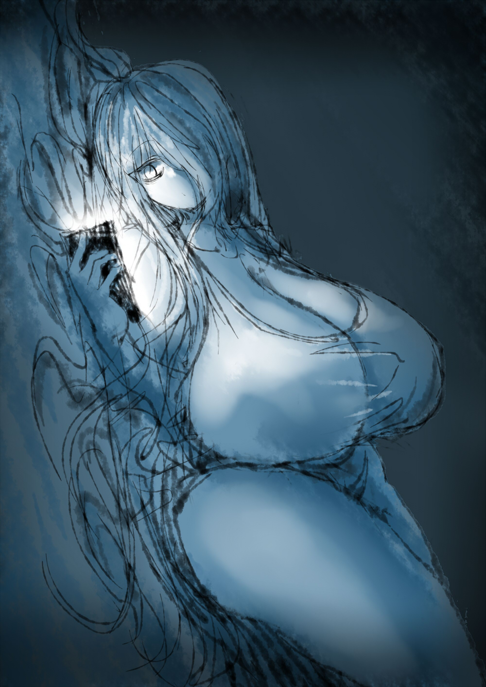 2b213 breasts cleavage curvy eye_bags female hair_over_one_eye huge_breasts large_ass laying_on_bed long_hair mei_(2b213) one_eye_covered solo source_request thick thick_thighs thighhighs white_hair